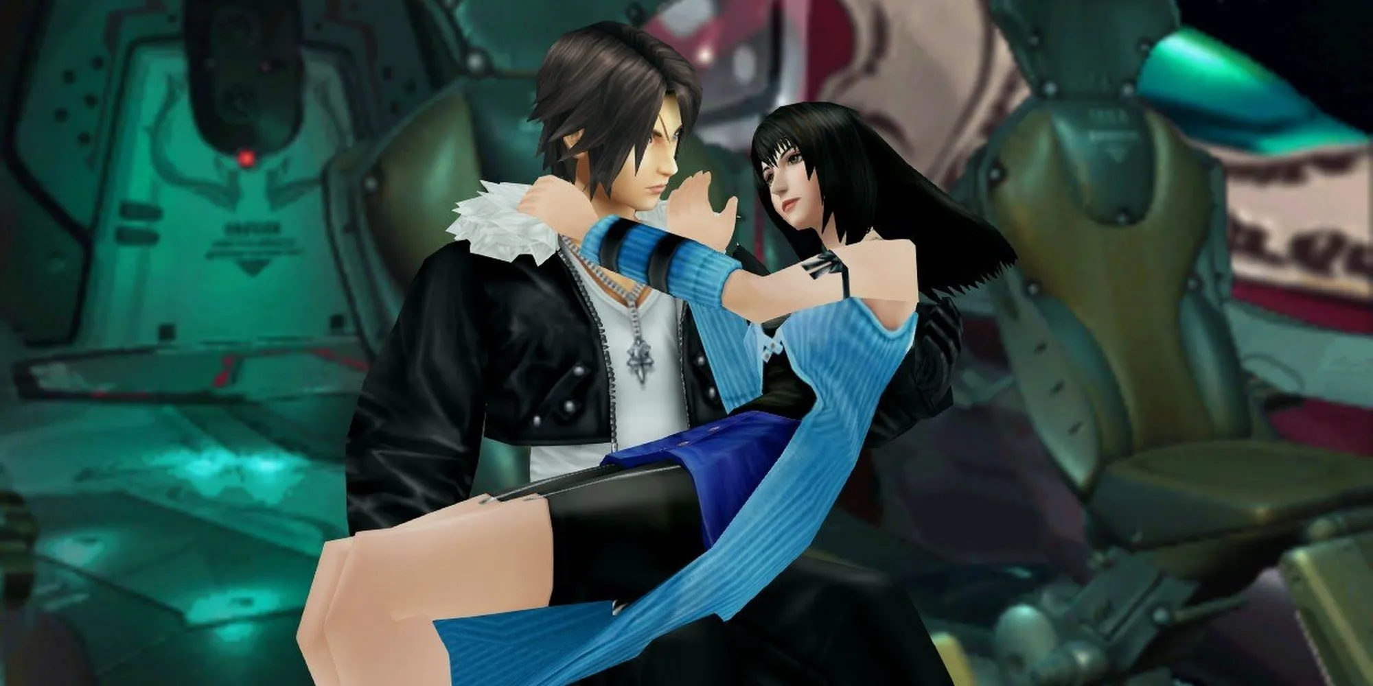 Squall Leonhart ôm Rinoa Heartilly trong phân cảnh tình cảm của Final Fantasy 8.