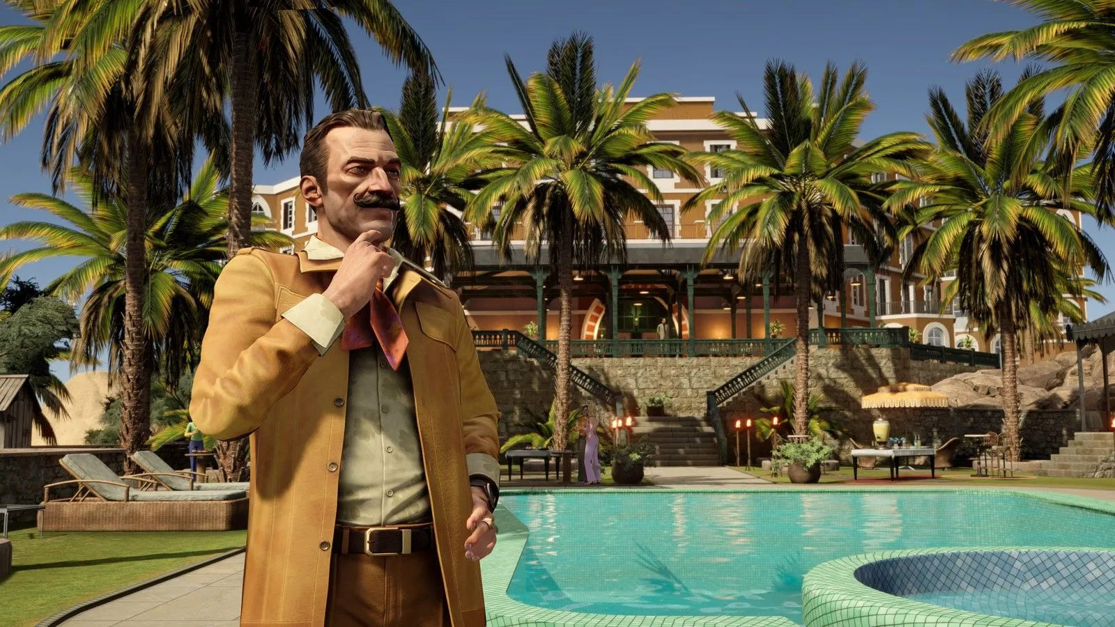 Thám tử Hercule Poirot đứng suy tư bên hồ bơi trên du thuyền sông Nile trong game Agatha Christie Death on the Nile.
