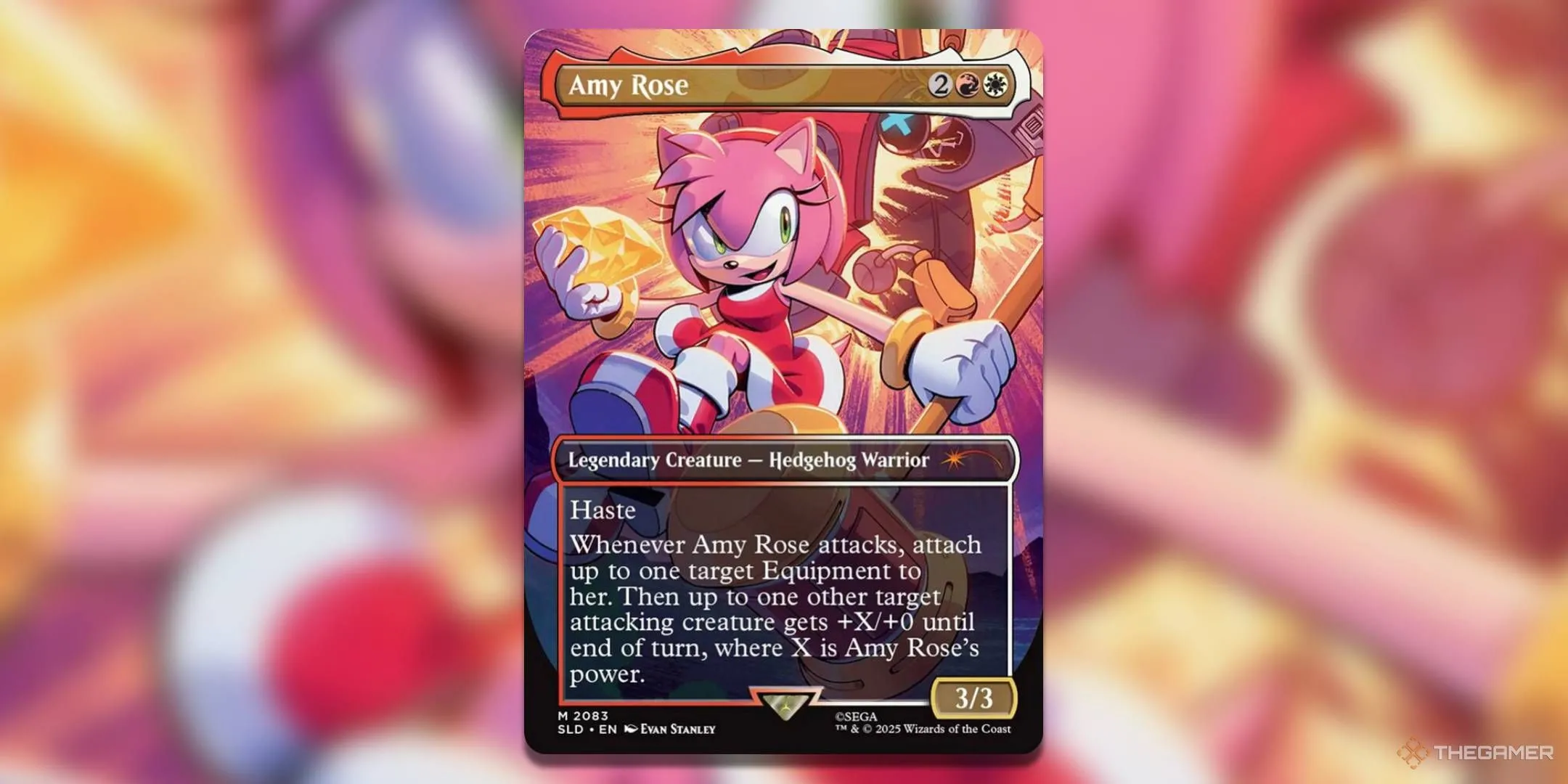 Thẻ bài Amy Rose từ Secret Lair x Sonic: Friends &amp; Foes, Amy đang chạy với Chaos Emerald
