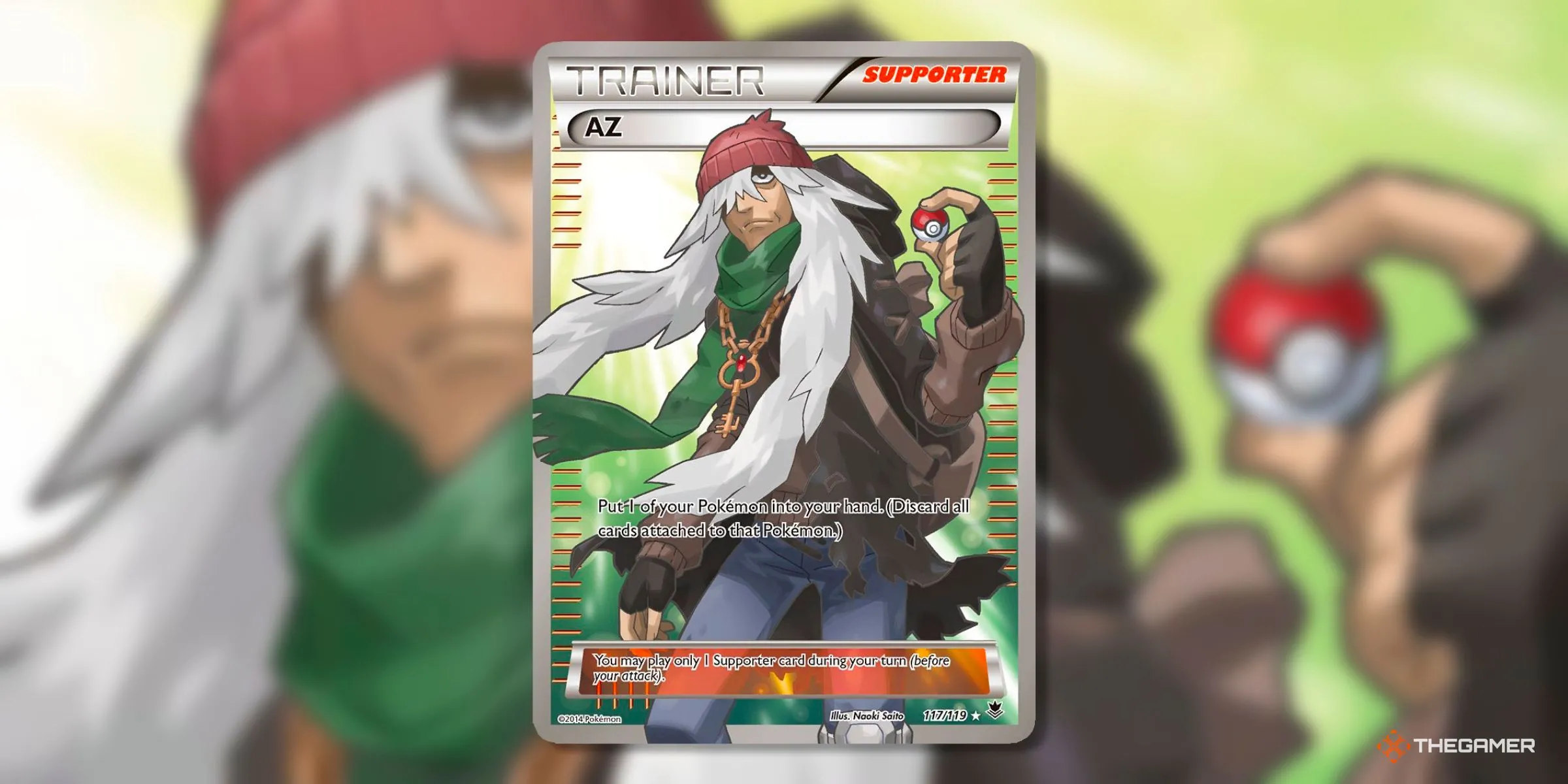 Thẻ bài AZ (Ultra Rare, 117) từ bộ Phantom Forces của Pokémon TCG, mô tả nhân vật bí ẩn AZ với ánh mắt trầm tư.