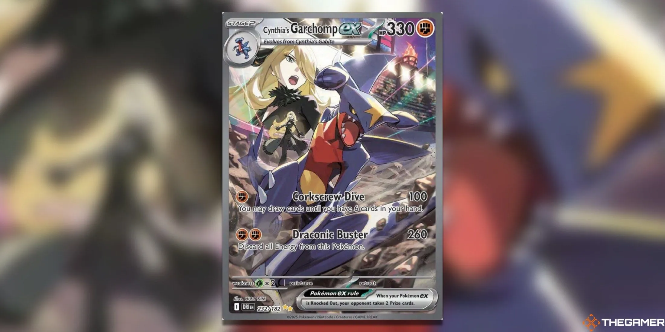 Thẻ bài Cynthia’s Garchomp ex – Special Illustration Rare trong bộ Pokémon TCG Destined Rivals, mô tả Cynthia và Garchomp trong tư thế tấn công mạnh mẽ.