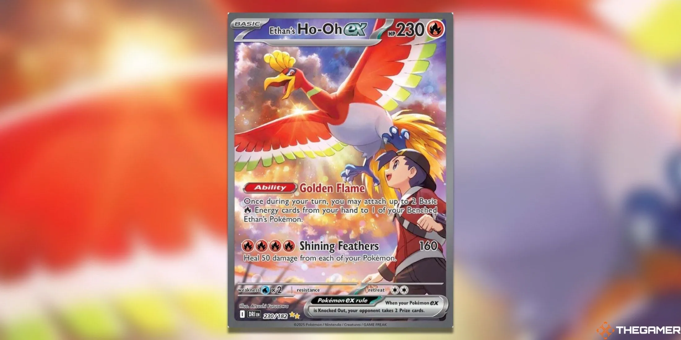 Thẻ bài Ethan’s Ho-Oh ex – Special Illustration Rare từ bộ Pokémon TCG Destined Rivals, với hình ảnh Ethan và Ho-Oh bay lượn trên bầu trời rực rỡ.