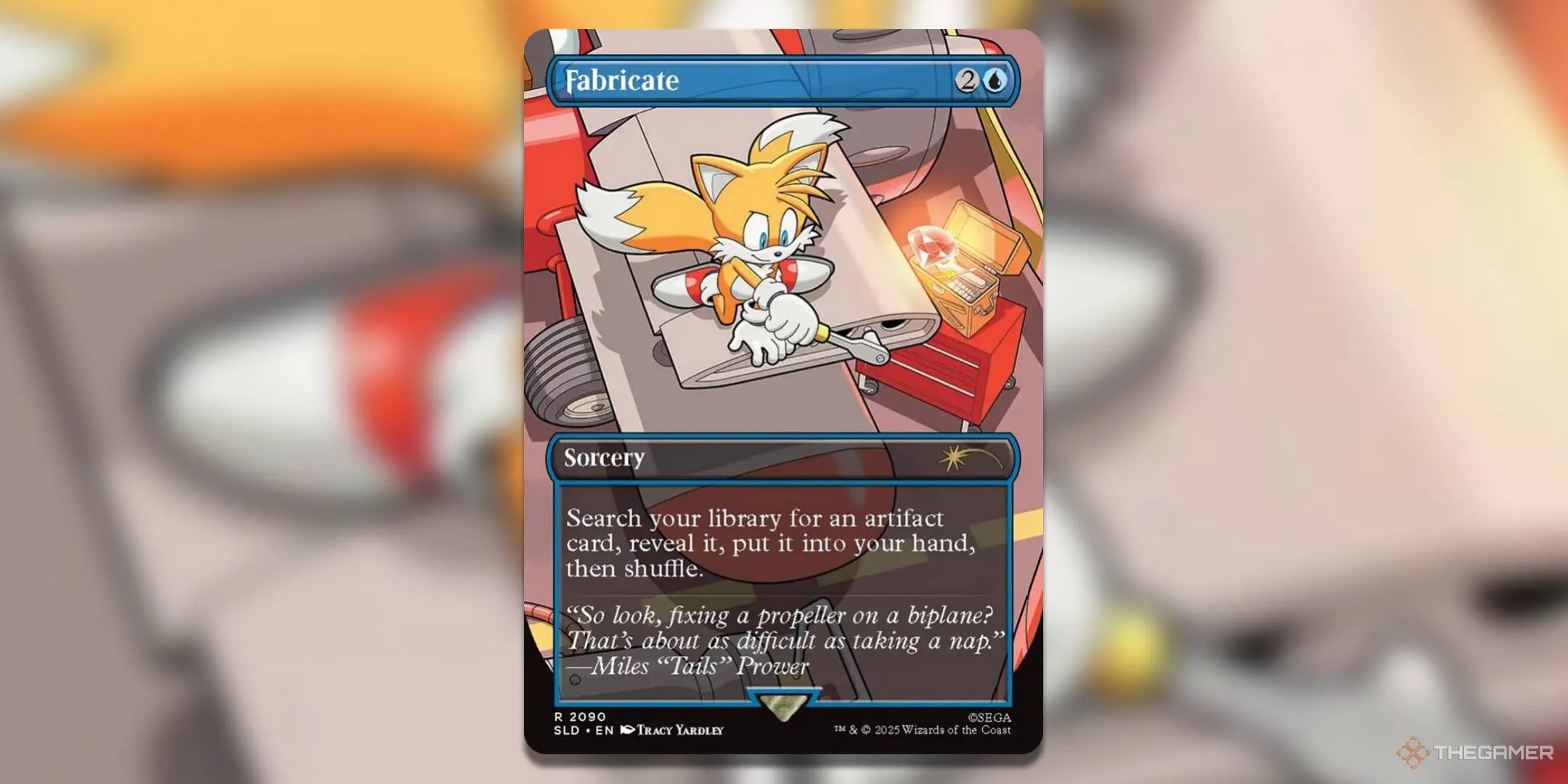 Thẻ bài Fabricate từ Secret Lair x Sonic: Chasing Adventure với hình ảnh Tails sửa máy bay
