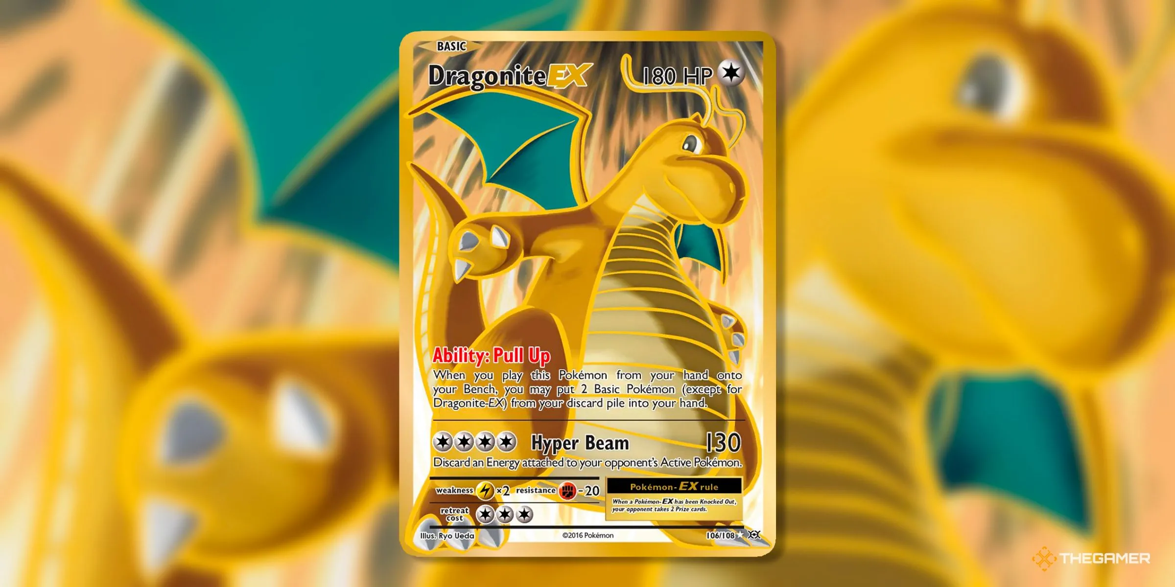 Thẻ bài Full Art Dragonite EX (106) từ bộ Evolutions của Pokémon TCG, với Dragonite đang bay lượn uy nghi trên bầu trời.