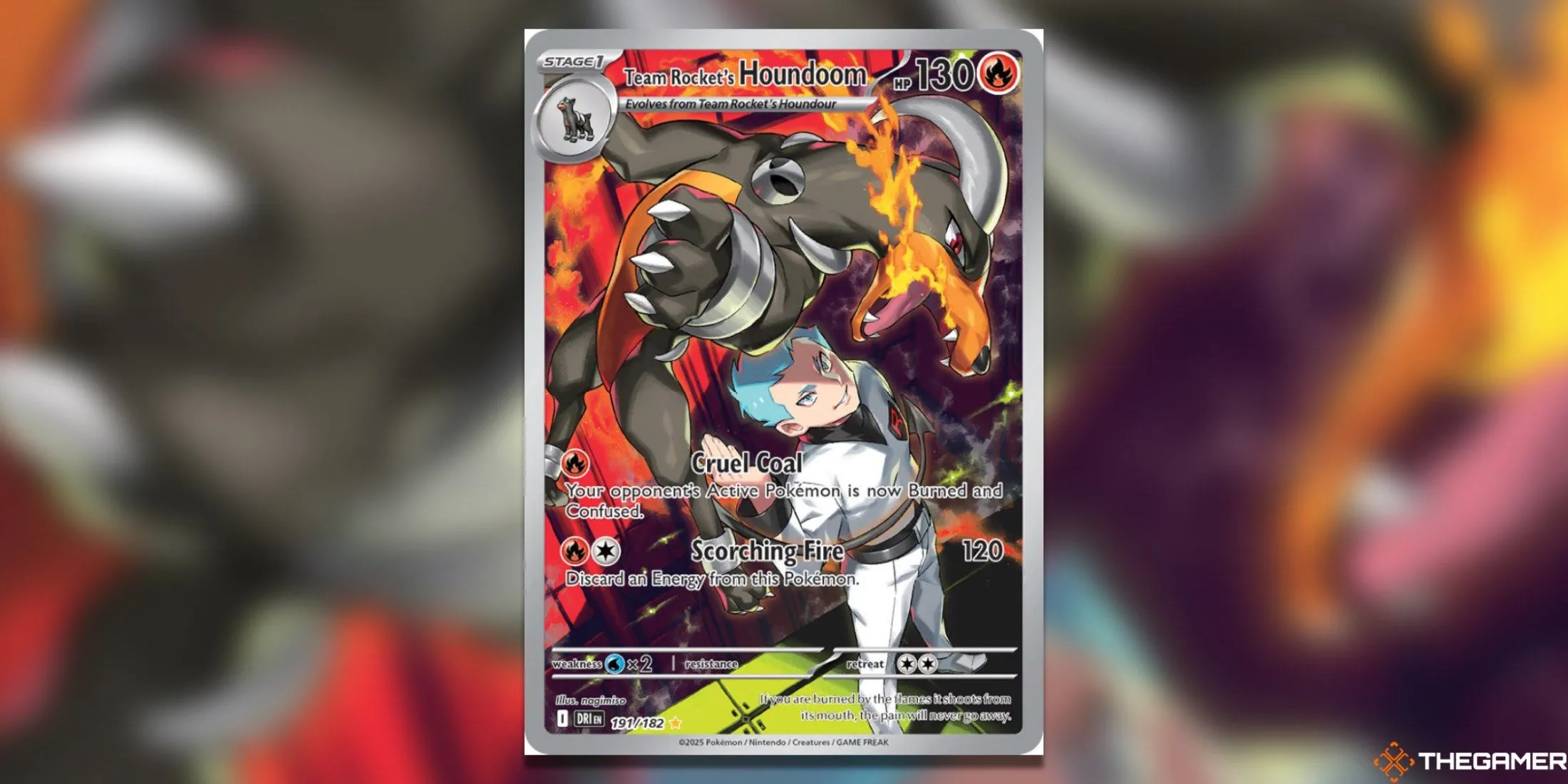 Thẻ bài Houndoom của Team Rocket trong bộ Pokémon TCG Destined Rivals, với hình ảnh Houndoom và Archer trong bối cảnh đỏ rực.