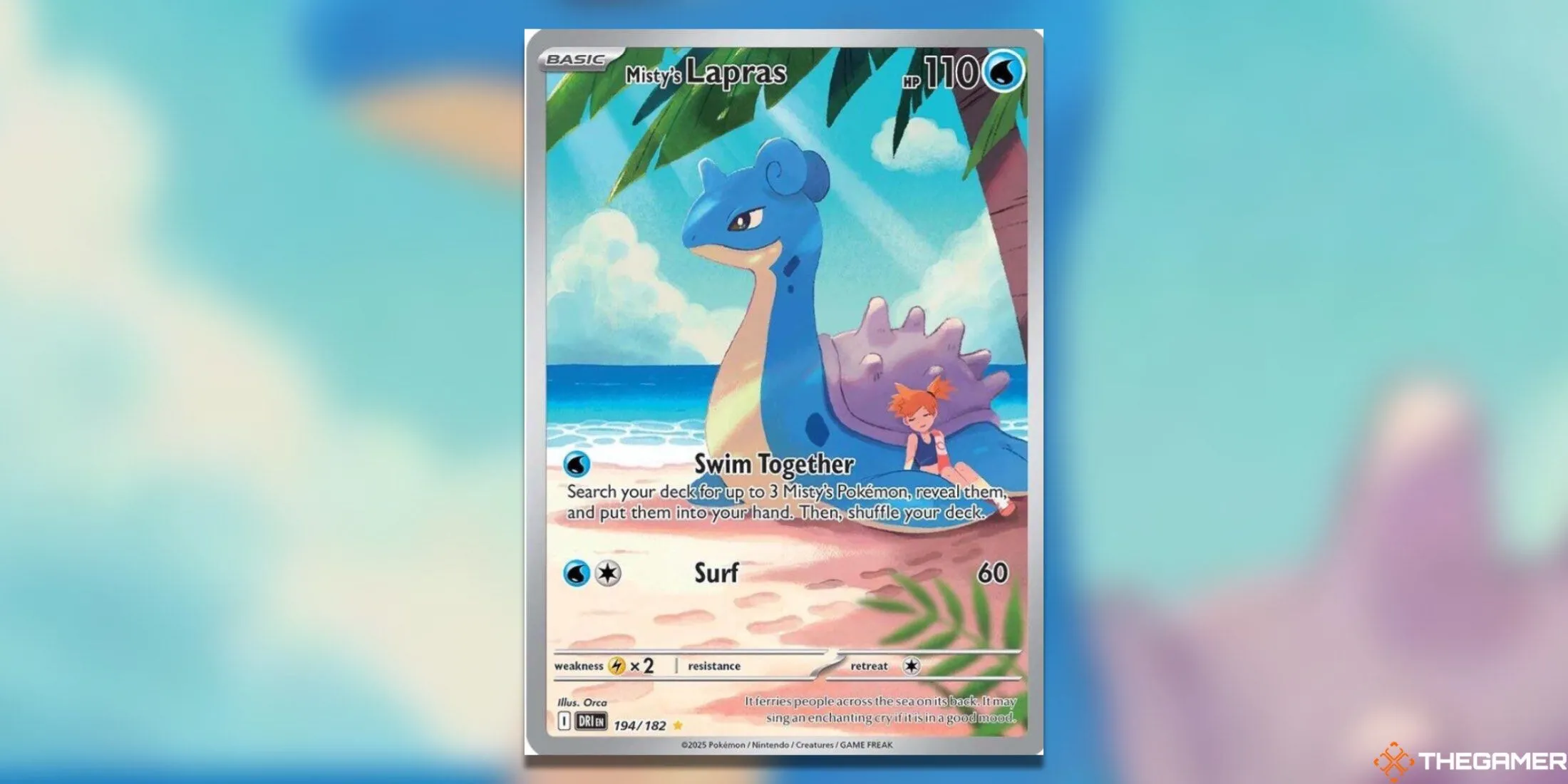 Thẻ bài Misty’s Lapras – Illustration Rare trong bộ Pokémon TCG Destined Rivals, với hình ảnh Misty và Lapras trên biển xanh.