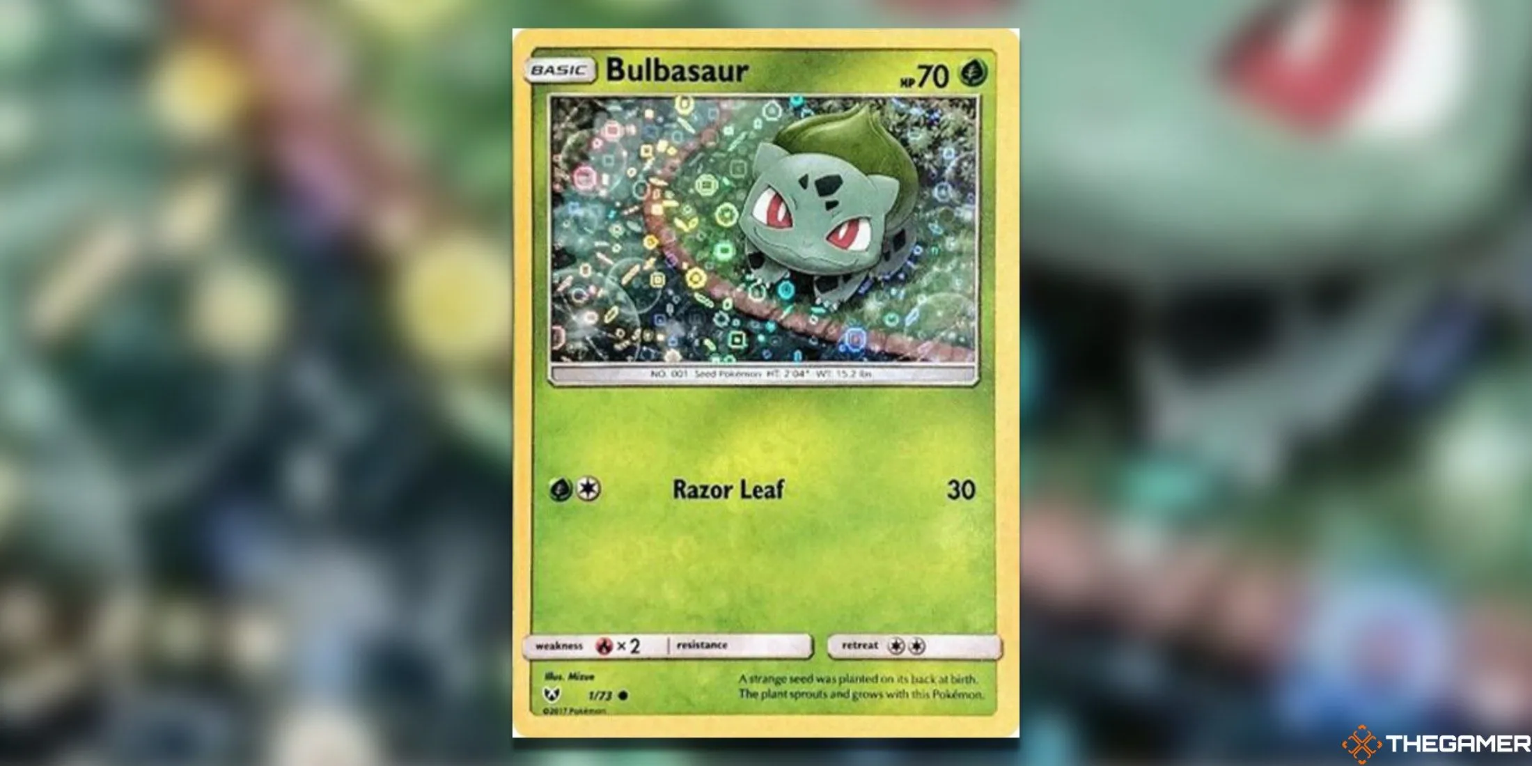 Thẻ bài Pokemon TCG General Mills Bulbasaur 1/73 với hiệu ứng ánh sáng lấp lánh
