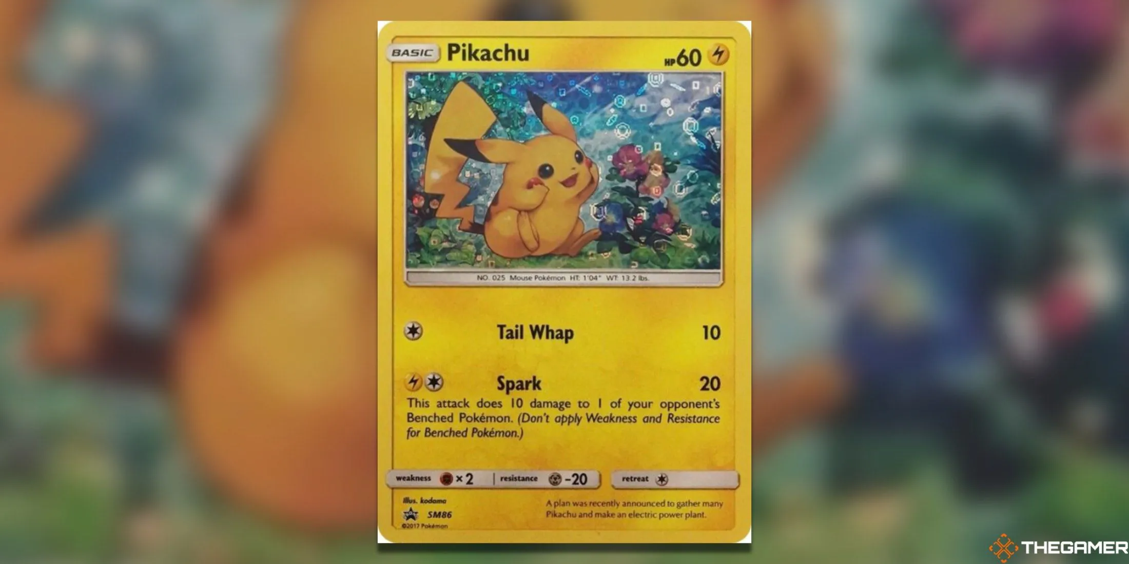 Thẻ bài Pokemon TCG General Mills Pikachu SM86 với biểu cảm tò mò, hạnh phúc bên hoa