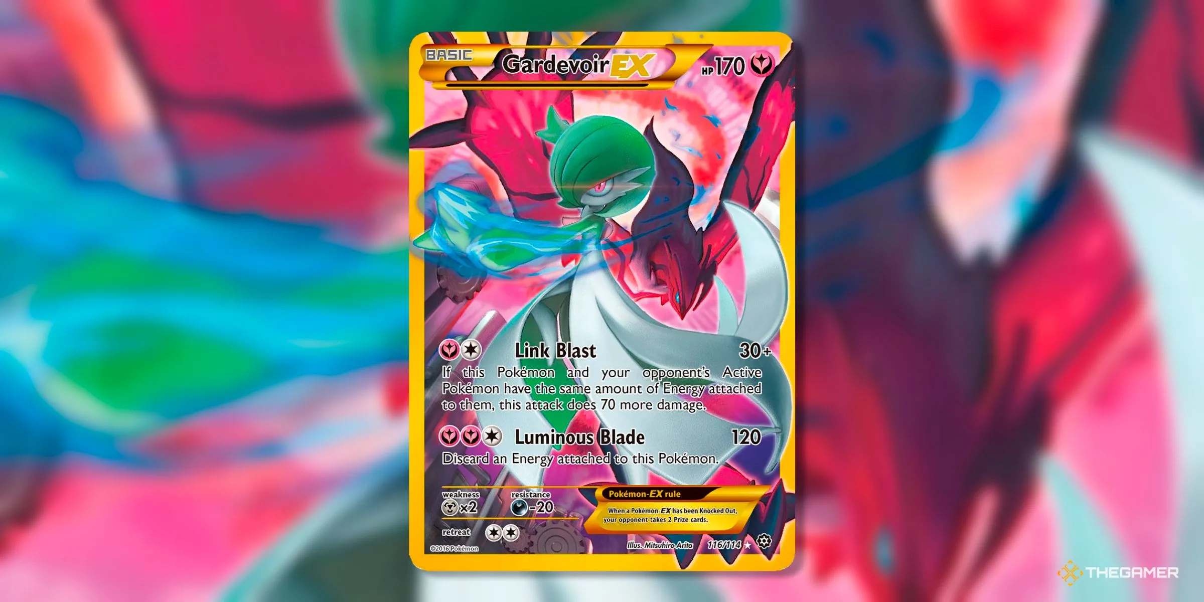 Thẻ bài Secret Rare Gardevoir EX (116) từ bộ Steam Siege Pokémon TCG, với Gardevoir trong tạo hình ấn tượng bên cạnh Yveltal.