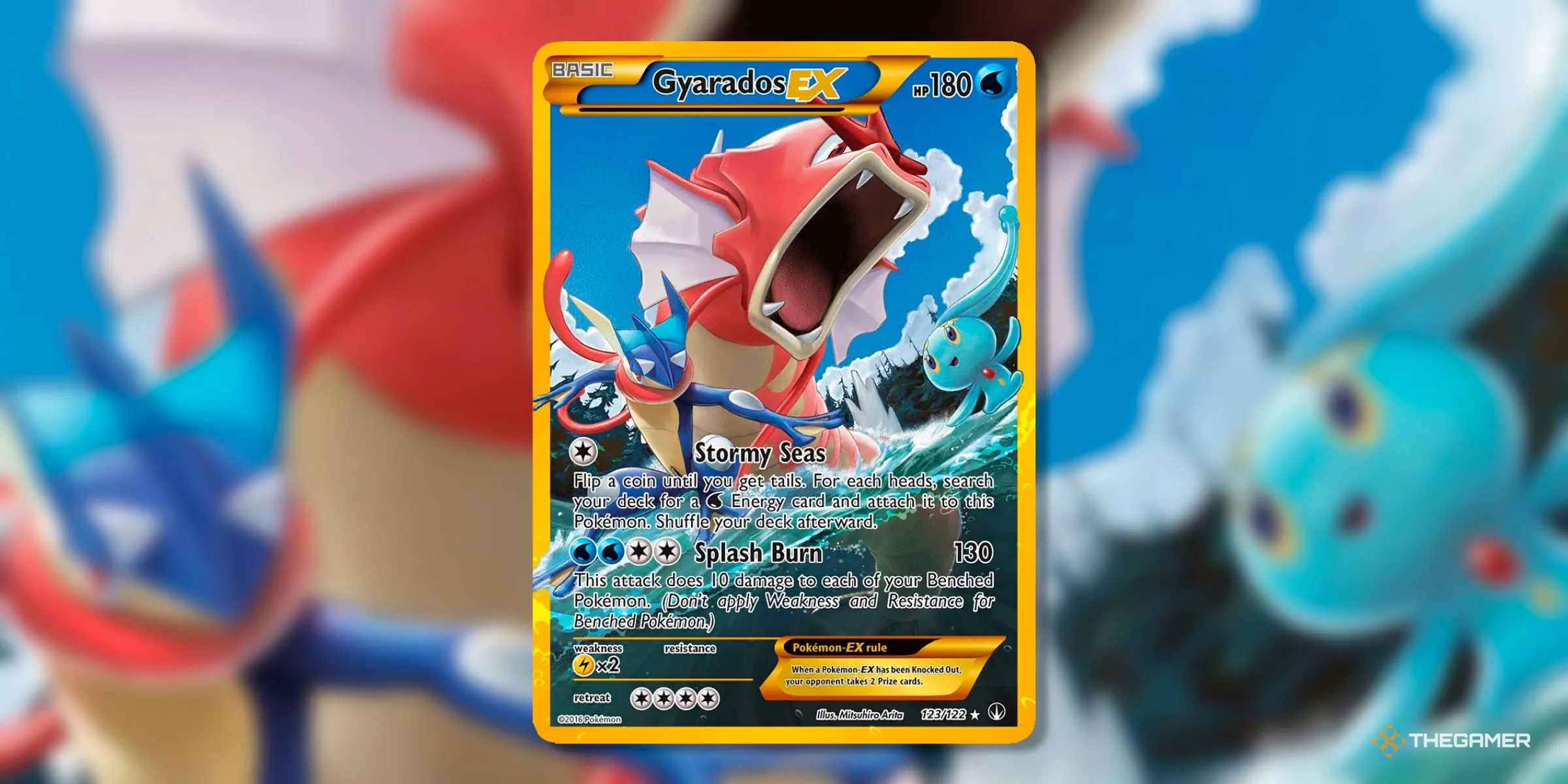 Thẻ bài Secret Rare Gyarados EX (123) từ bộ BreakPoint của Pokémon TCG, hiển thị Shiny Gyarados với vẻ ngoài hung dữ.