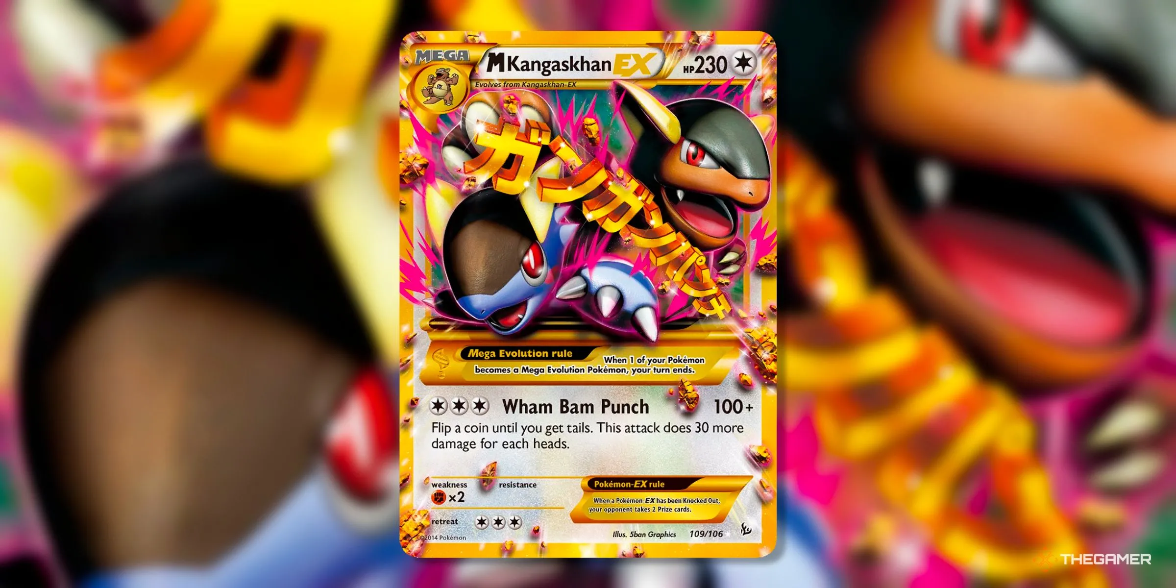 Thẻ bài Secret Rare M Kangaskhan EX (109) từ bộ Flashfire Pokémon TCG, với Mega Kangaskhan và Kangaskhan con trong tư thế chiến đấu.
