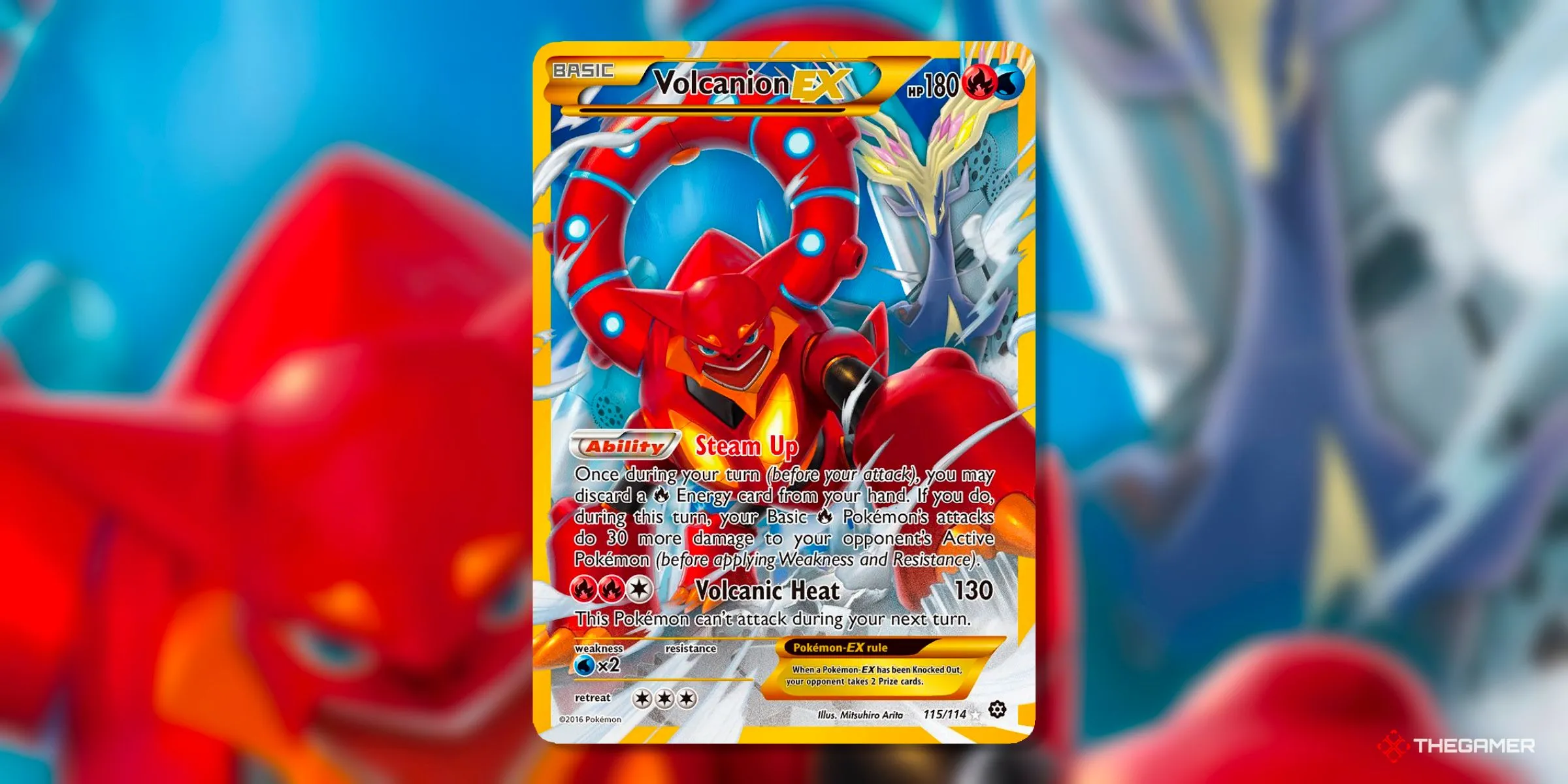 Thẻ bài Secret Rare Volcanion EX (115) từ bộ Steam Siege của Pokémon TCG, với Volcanion đứng vững trên nền nước và lửa.