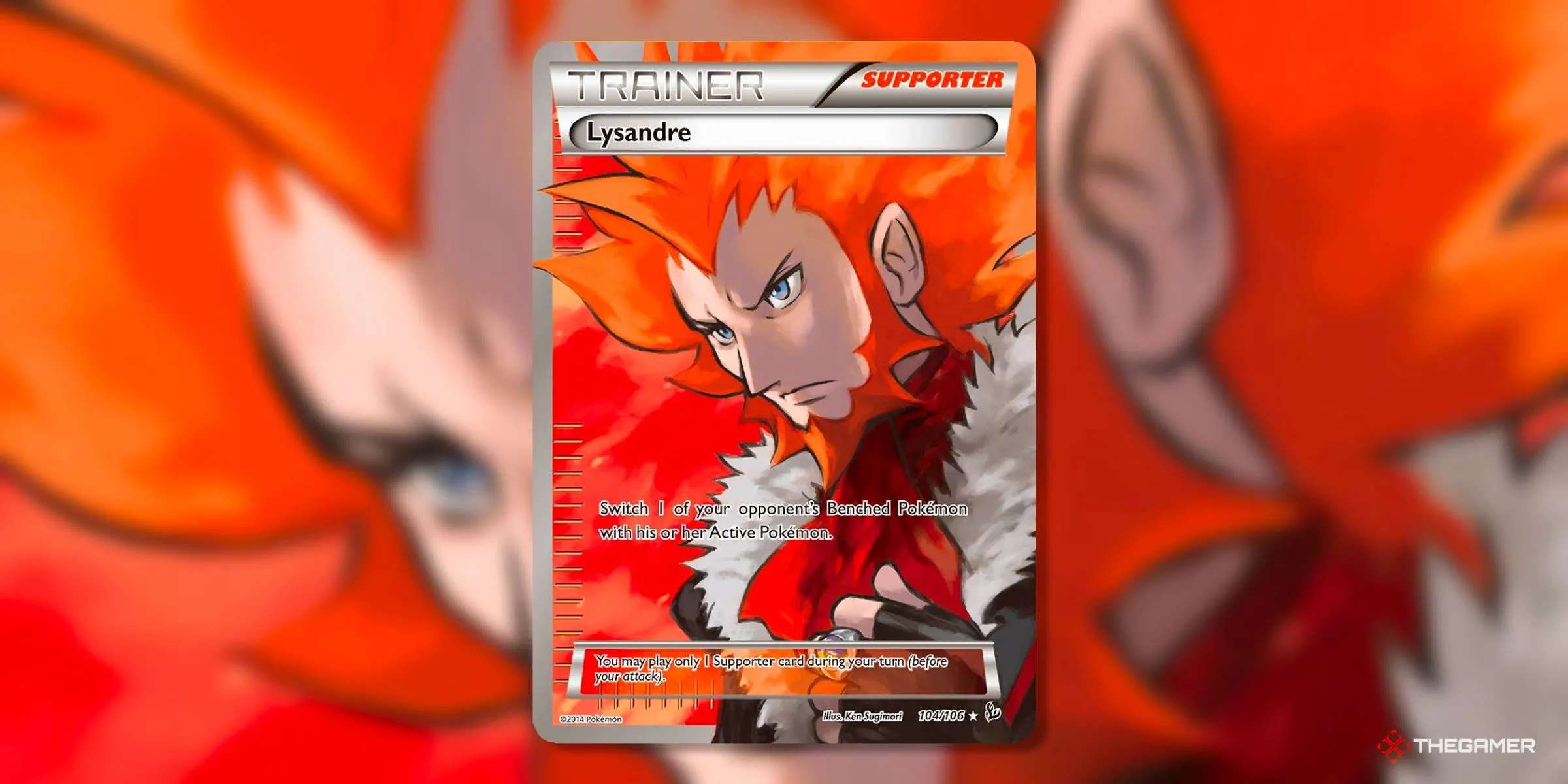 Thẻ bài Supporter Full Art Lysandre (Ultra Rare, 104) từ bộ Flashfire, Pokémon TCG, với hình ảnh Lysandre đầy quyền lực.