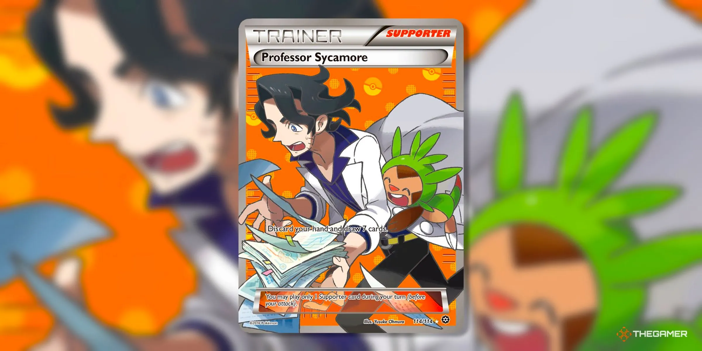 Thẻ bài Supporter Full Art Professor Sycamore (Ultra Rare, 114) từ bộ Steam Siege, kỷ nguyên XY Pokémon TCG, với hình ảnh giáo sư Sycamore.