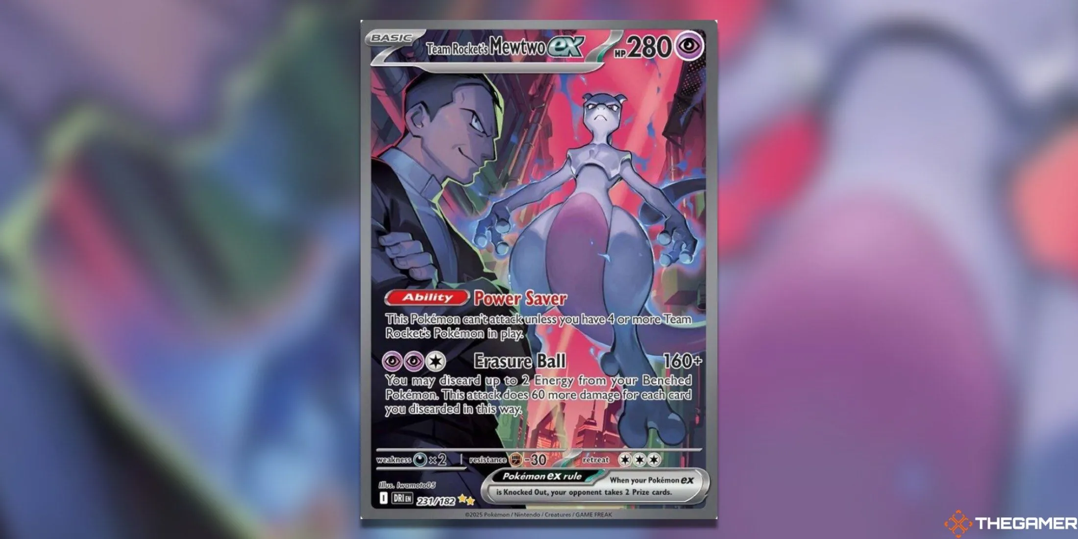 Thẻ bài Team Rocket’s Mewtwo ex – Special Illustration Rare từ bộ Pokémon TCG Destined Rivals, với Giovanni và Mewtwo đứng giữa bối cảnh đỏ rực đầy uy lực.