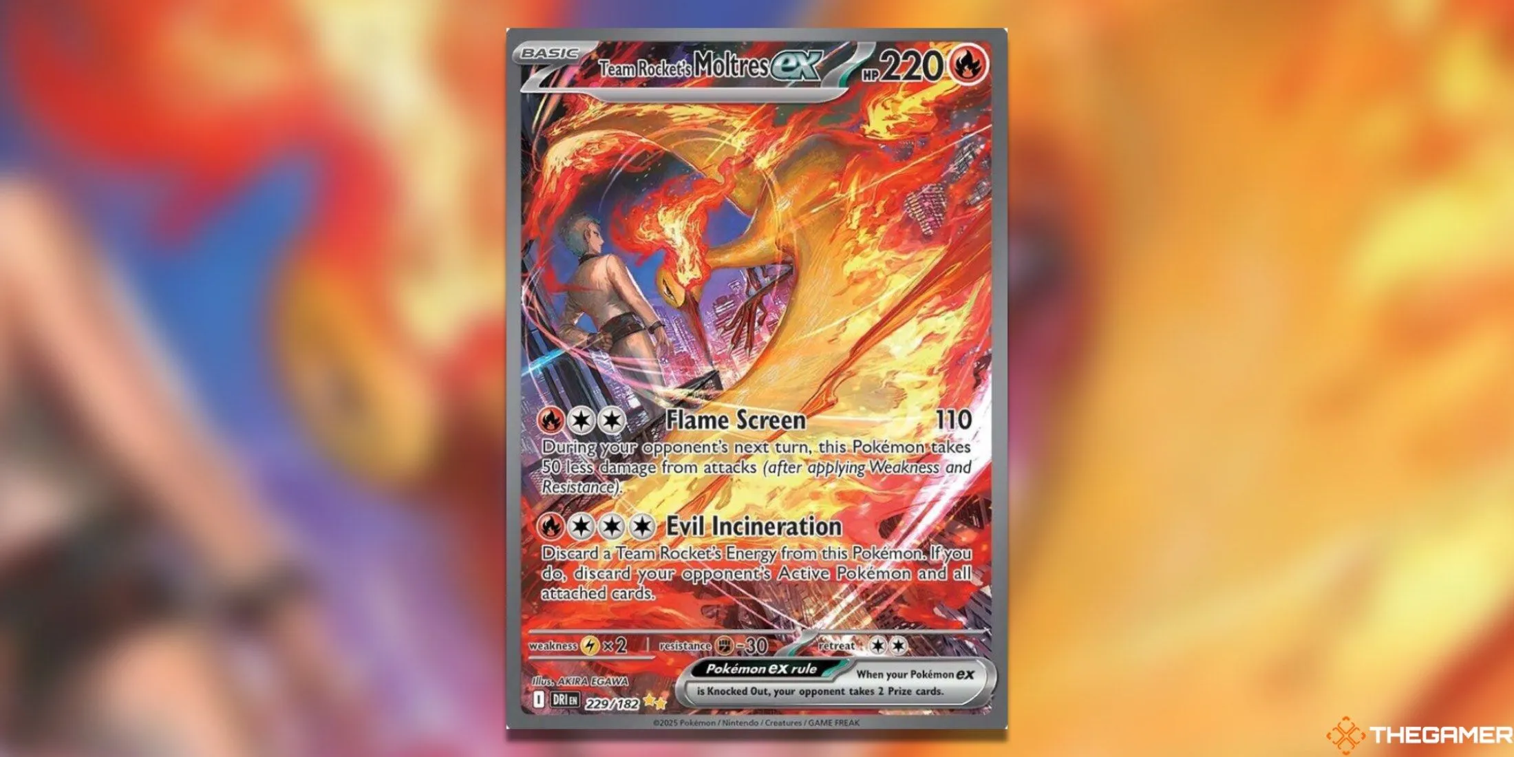 Thẻ bài Team Rocket’s Moltres ex – Special Illustration Rare trong bộ Pokémon TCG Destined Rivals, thể hiện Moltres trong bối cảnh tối đầy bí ẩn.