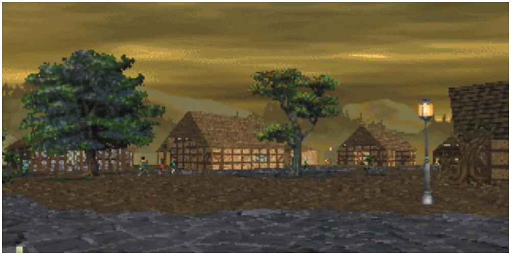 Thị trấn trong game The Elder Scrolls II Daggerfall vào lúc hoàng hôn, gợi nhớ những kỷ niệm về thế giới mở rộng lớn của trò chơi.