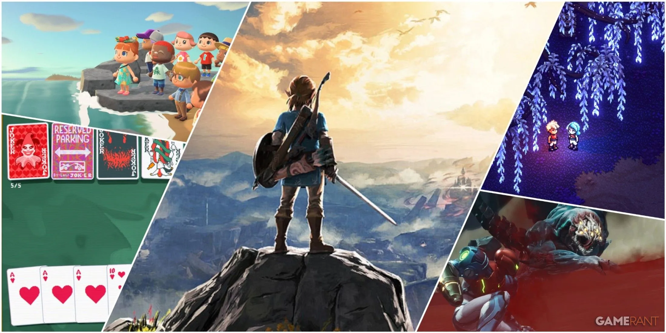 Tổng hợp hình ảnh từ các game Nintendo Switch nổi bật: Animal Crossing New Horizons, Balatro, Sea of Stars, Metroid Dread và The Legend Of Zelda Breath Of The Wild