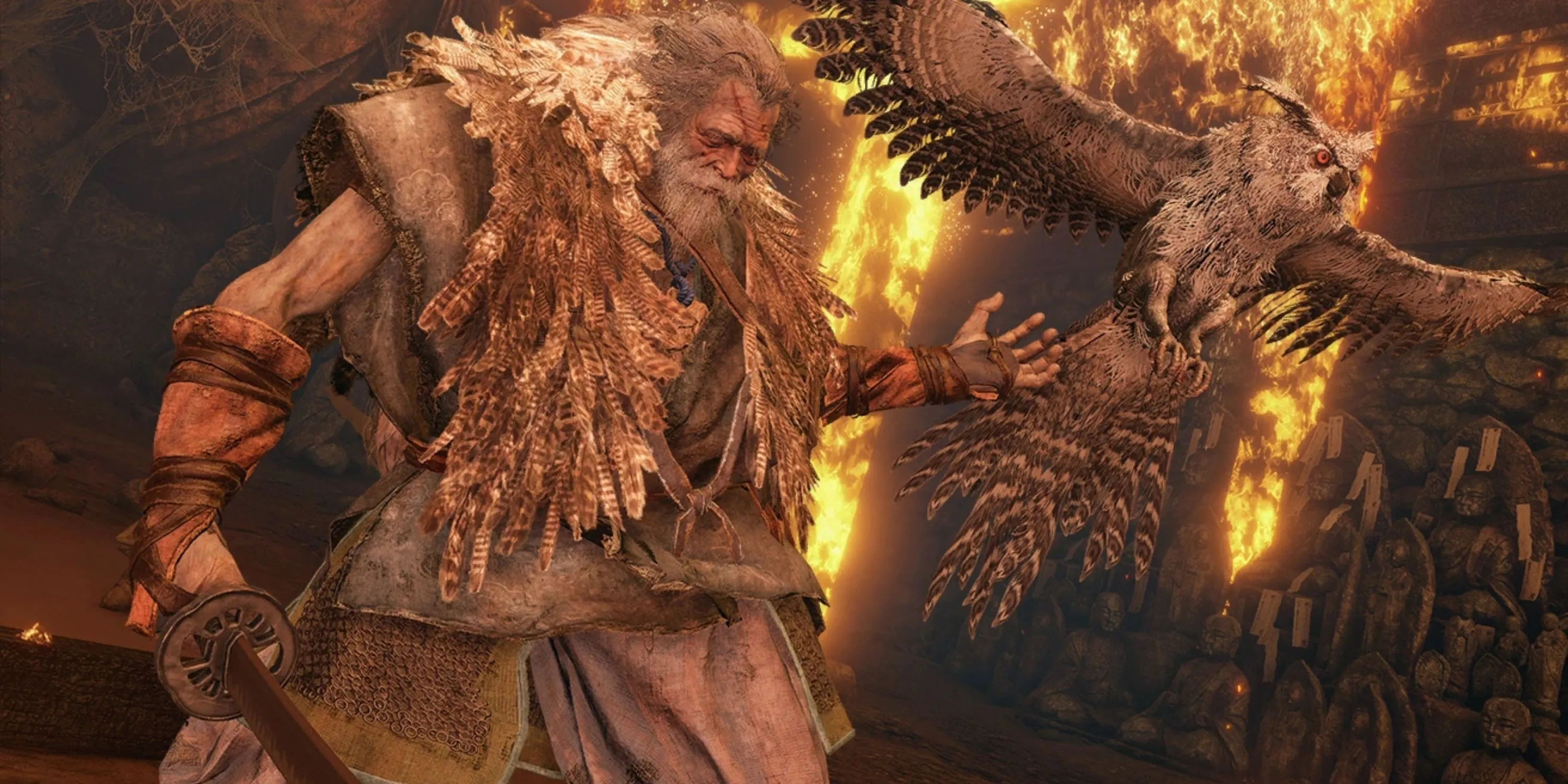 Trùm Owl Cha trong Sekiro: Shadows Die Twice, một trong những nội dung bổ sung thách thức người chơi