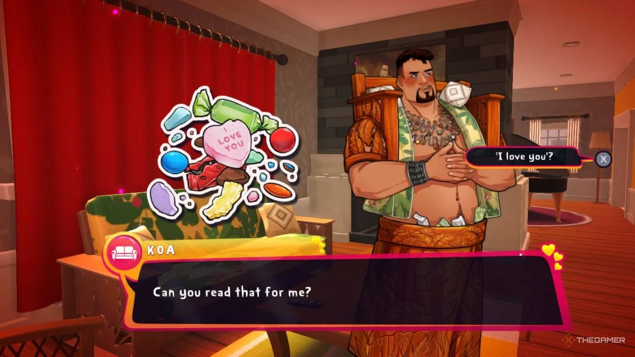 Tùy chọn lời thoại thể hiện tình cảm với Koa trong game Date Everything!