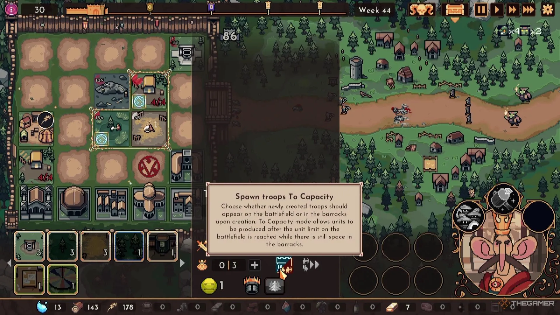 Tùy chọn Spawn Troops to Capacity được bật trong giao diện quân đội của The King Is Watching, giúp duy trì lực lượng dự bị ổn định