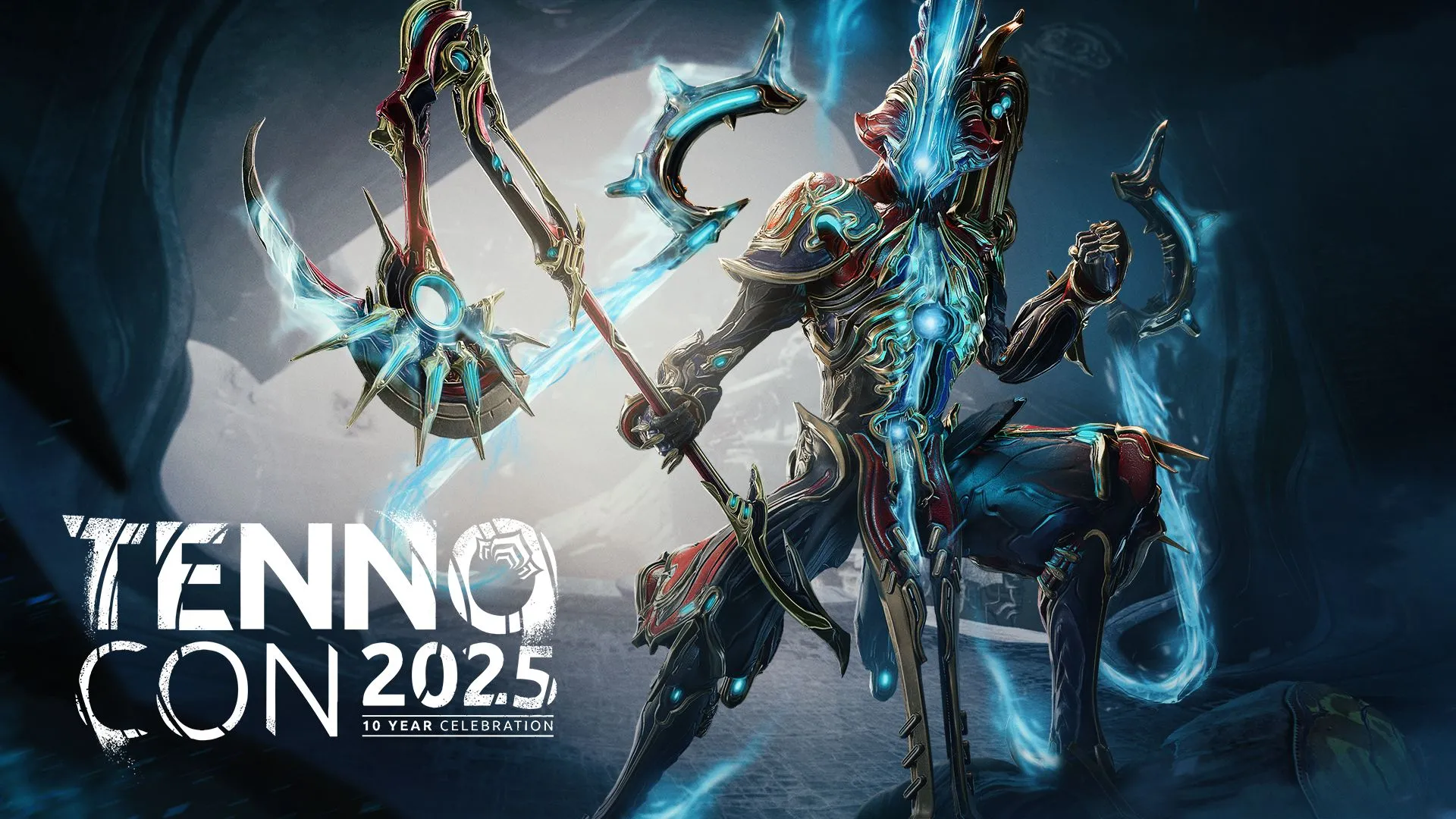 Warframe Caliban Prime với logo Tennocon 2025, biểu tượng cho tương lai của game và sự kiện cộng đồng lớn nhất năm.