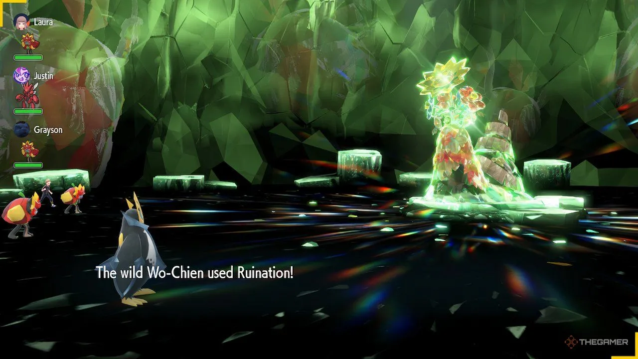 Wo-Chien Shiny sử dụng chiêu Ruination lên Empoleon trong trận Tera Raid Pokemon Scarlet Violet