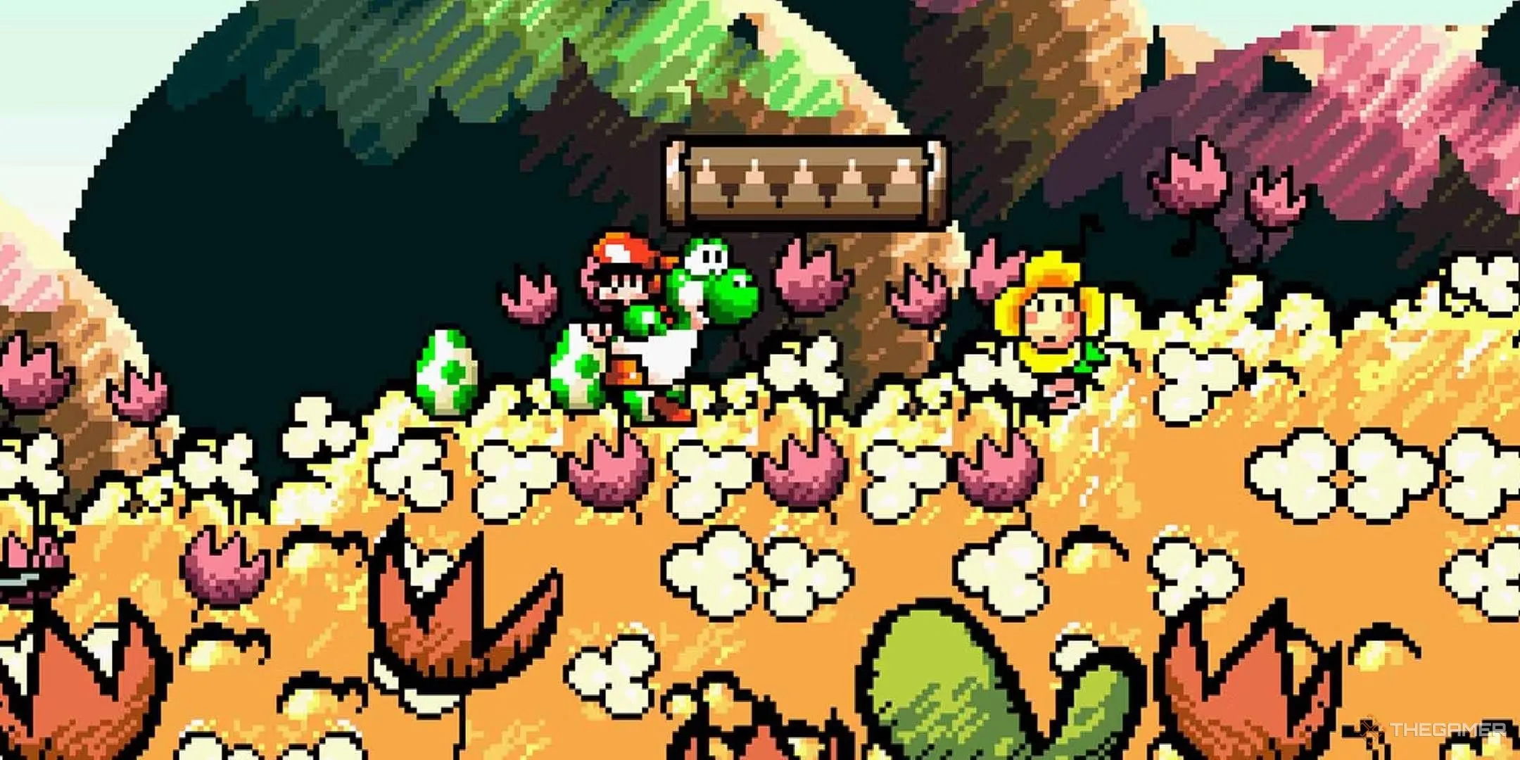 Yoshi cõng Baby Mario đi qua một cánh đồng vàng trong Super Mario World 2: Yoshi's Island với phong cách đồ họa độc đáo.