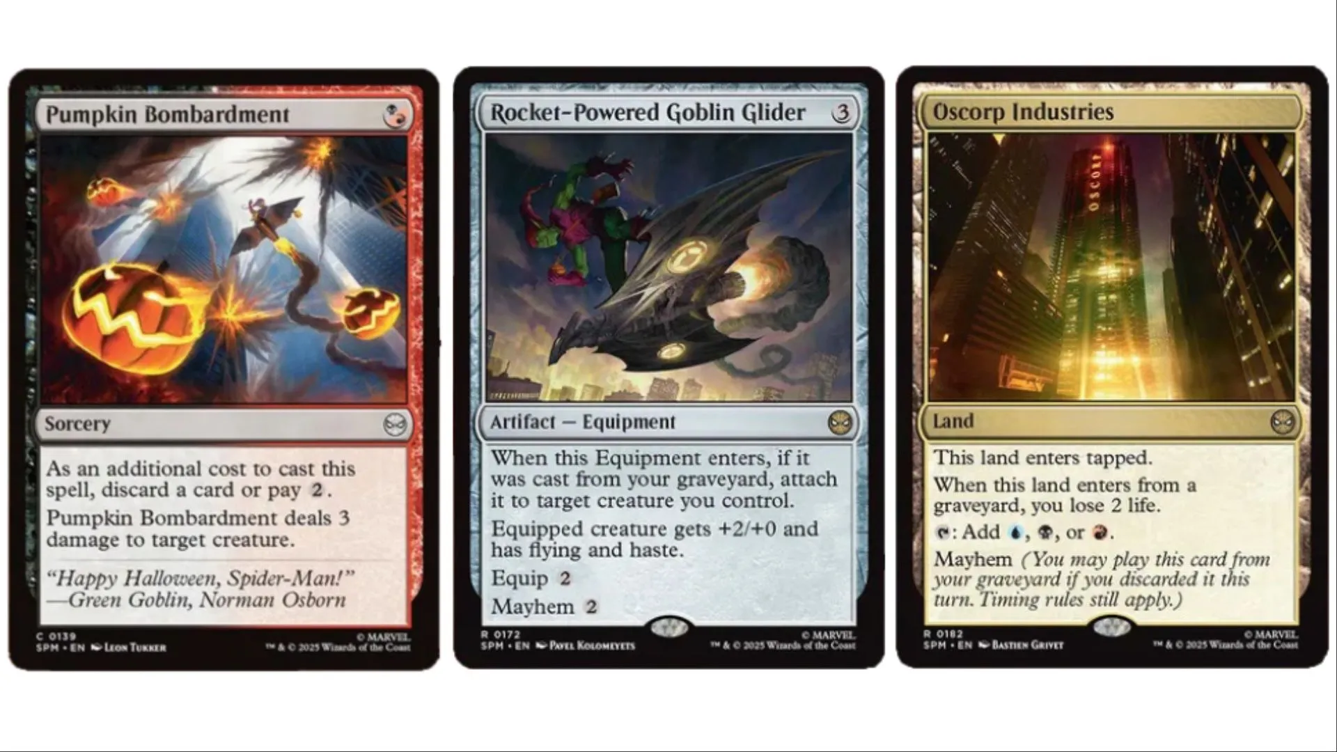 Ba thẻ bài Magic The Gathering của Green Goblin: Pumpkin Bombardment, Rocket-Powered Goblin Glider và Oscorp Industries, biểu tượng cho sức mạnh của nhân vật phản diện này.
