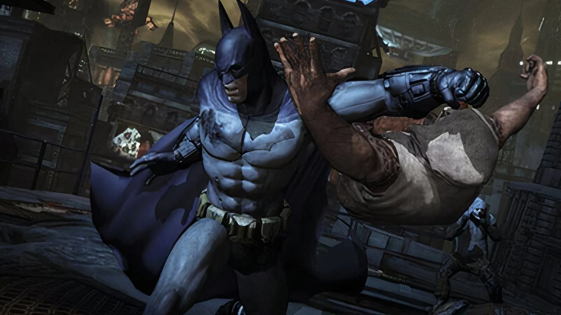 Batman thực hiện đòn tấn công lén lút trong Batman: Arkham City, minh họa khả năng chiến đấu và tàng hình