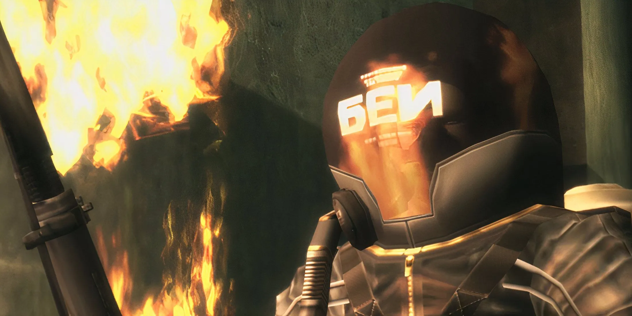 Boss The Fury với bộ đồ phi hành gia bốc cháy trong Metal Gear Solid Delta: Snake Eater, chuẩn bị cho trận chiến