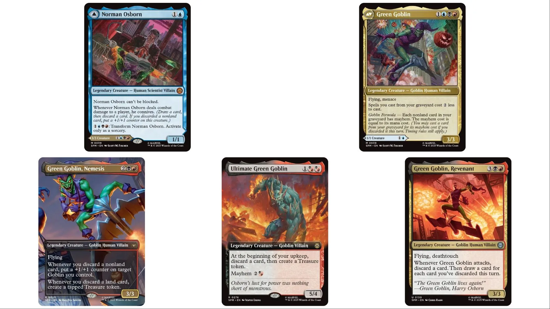 Các phiên bản Green Goblin khác nhau trong bộ thẻ Magic The Gathering x Spider-Man, bao gồm Norman Osborn và Harry Osborn, thể hiện sự đa dạng của phản diện.