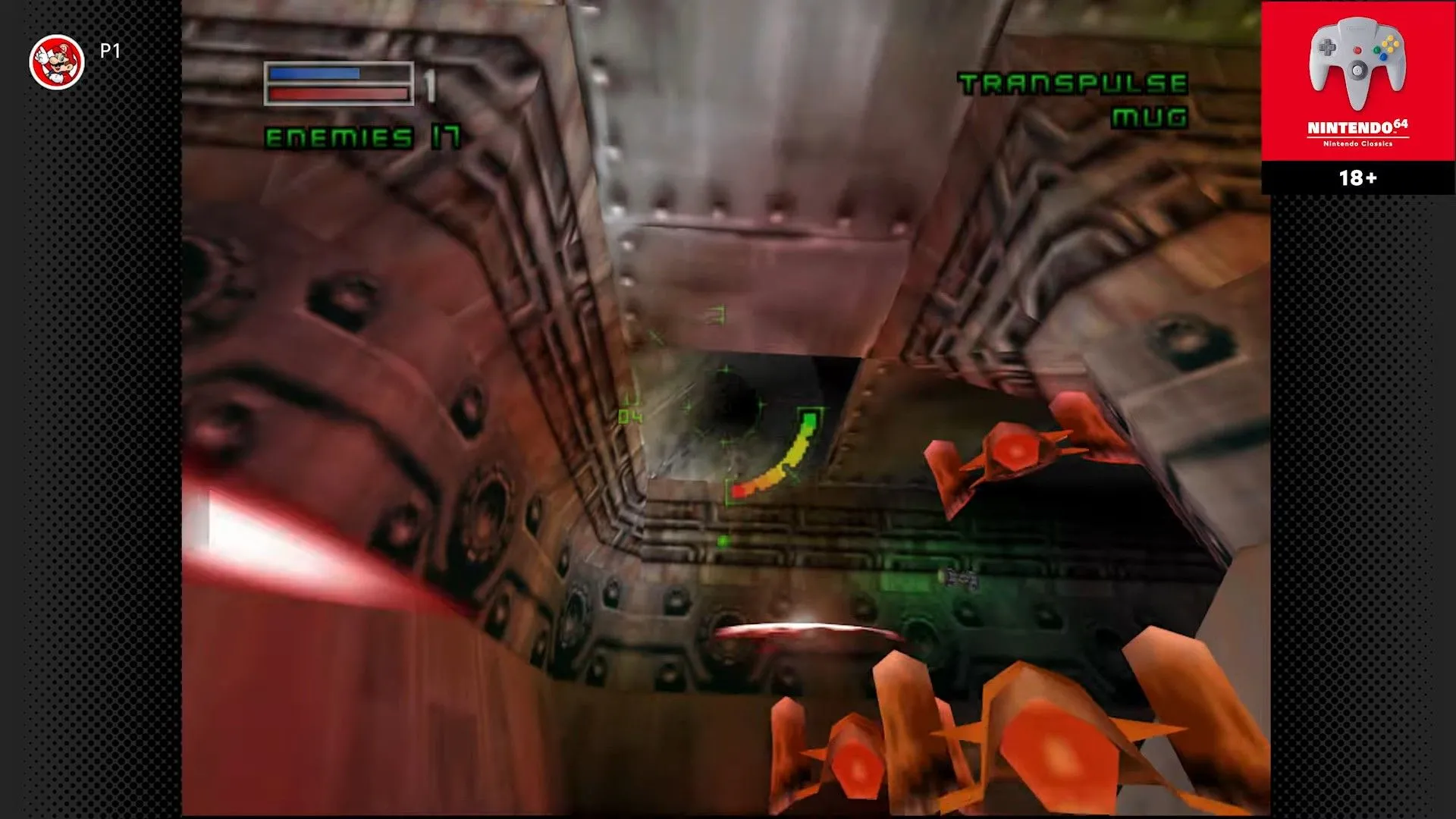Cảnh gameplay của Forsaken 64 trên Nintendo 64, thể hiện môi trường hậu tận thế và chiếc mô tô của lính đánh thuê.
