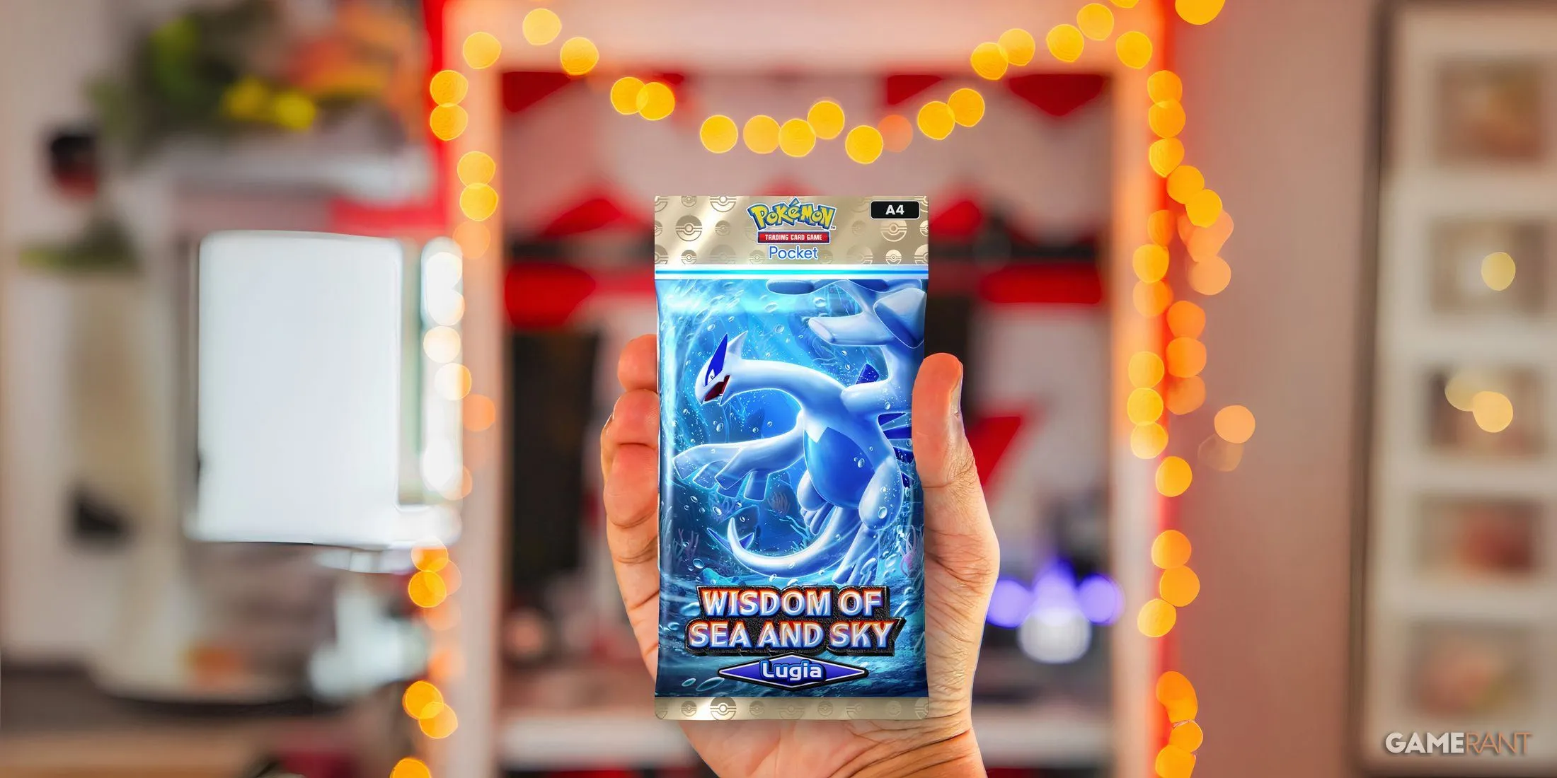 Game thủ cầm gói bài Wisdom of Sea and Sky trong Pokemon TCG Pocket, tượng trưng cho tính năng gói 6 thẻ mới.