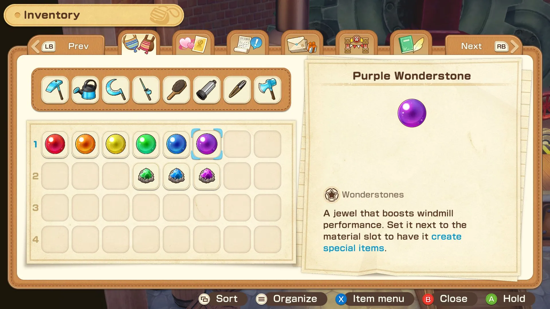 Game thủ đặt Purple Wonderstone vào cối xay gió để mở khóa công thức đặc biệt trong Story of Seasons Grand Bazaar