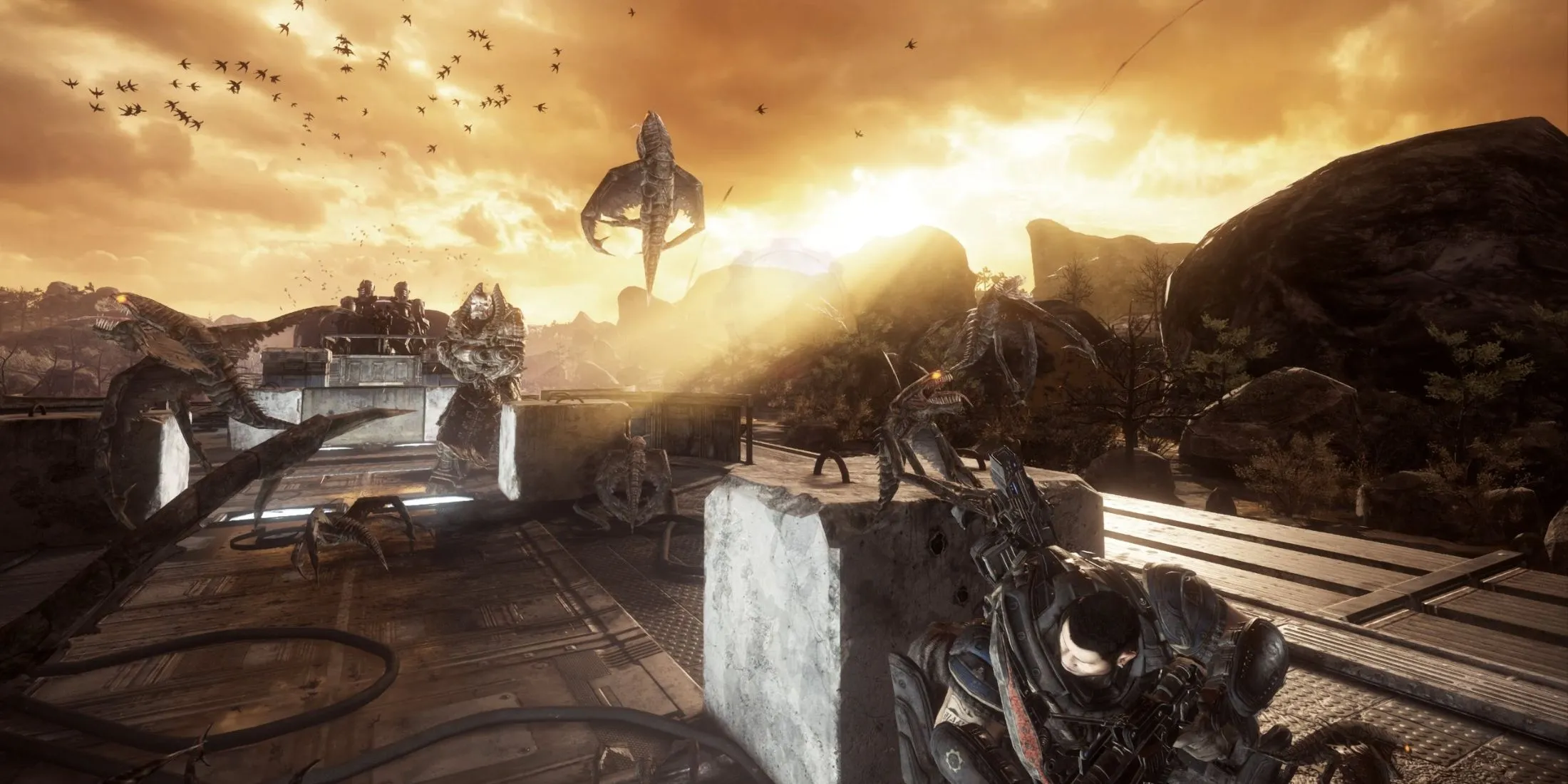 Game thủ trong vai trò điều khiển súng máy trong trận đấu trùm Raam của Gears of War Reloaded trên PS5