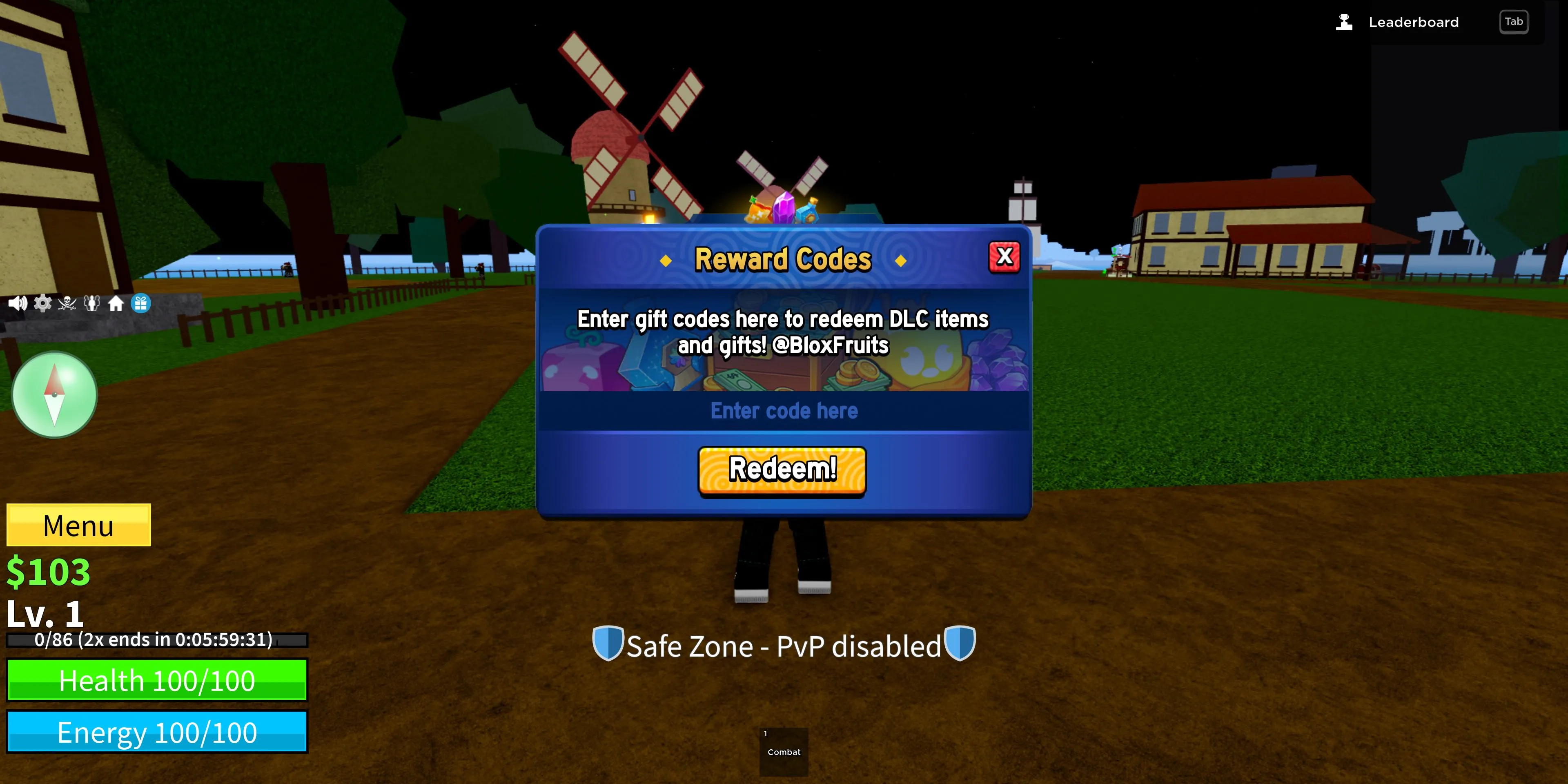 Giao diện hướng dẫn cách nhập code Blox Fruits trong game Roblox, nơi người chơi điền mã để nhận quà