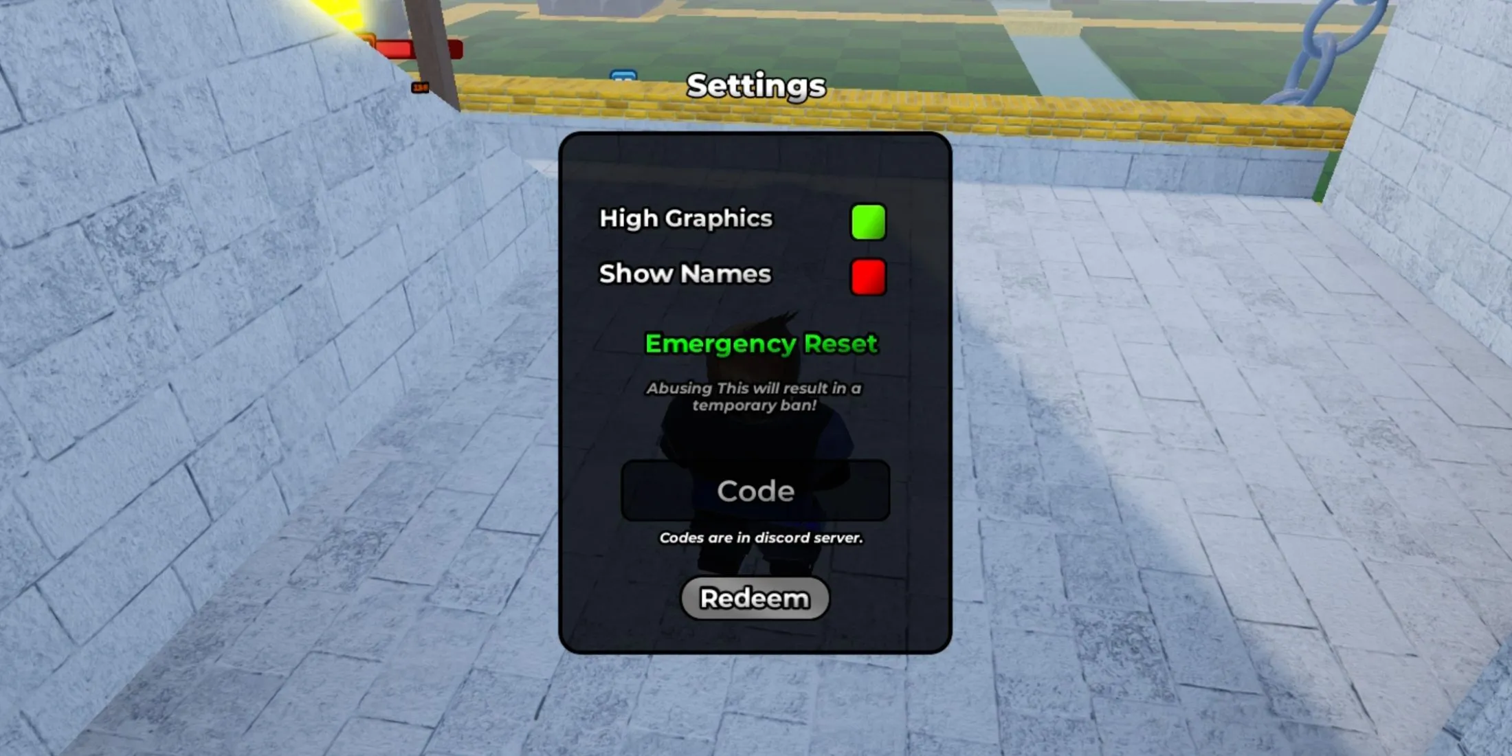 Giao diện màn hình nhập mã code trong game Arena Royale Roblox