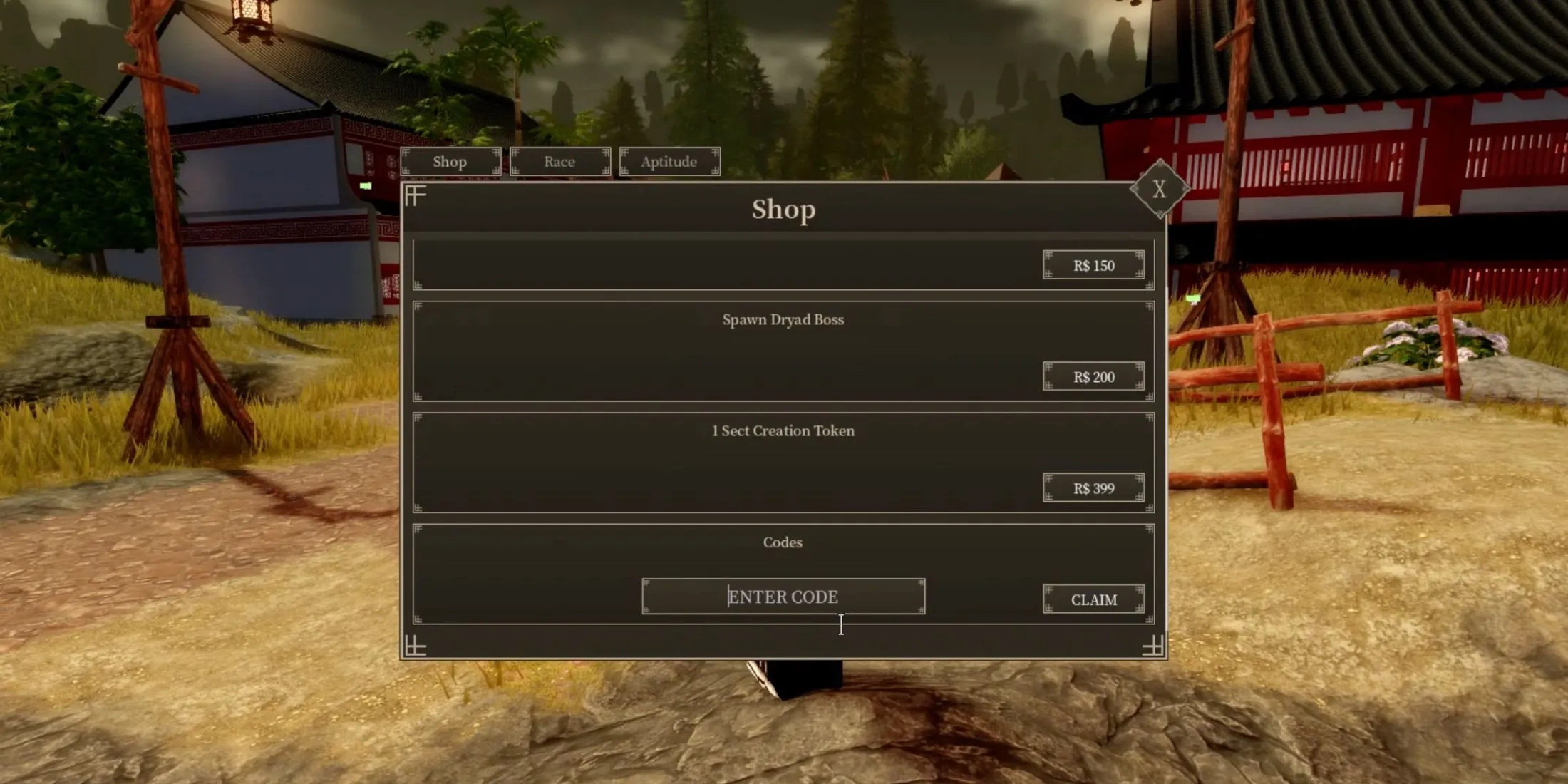 Giao diện nhập code trong game Murim Cultivation trên Roblox