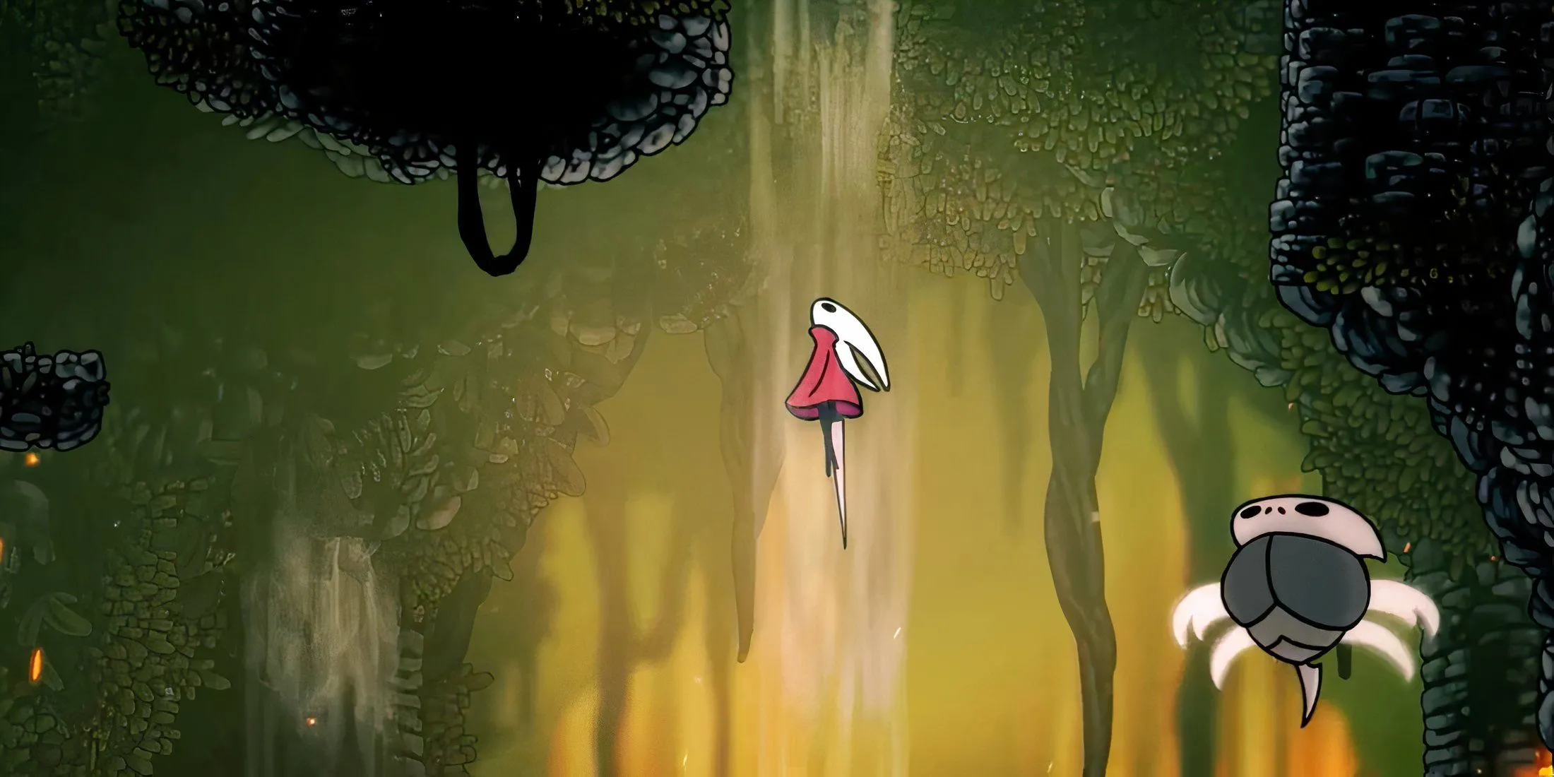 Hornet bay lên nhờ luồng gió mạnh, thể hiện cơ chế di chuyển mới trong Hollow Knight Silksong.
