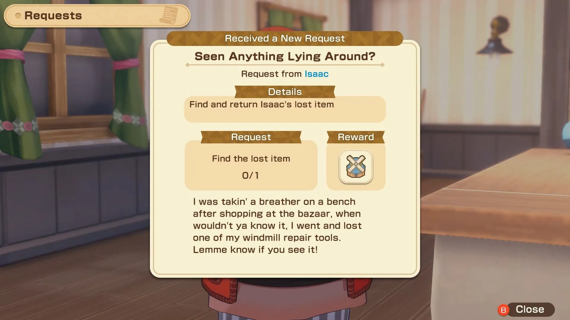 Isaac với dấu chấm than xanh báo hiệu nhiệm vụ "Seen Anything Lying Around?" trong Story of Seasons Grand Bazaar