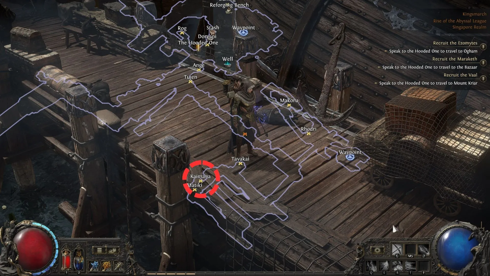 Kaimana, thầy thuốc bộ lạc, đứng trên tàu Karui ở Kingsmarch Act 4 của Path of Exile 2