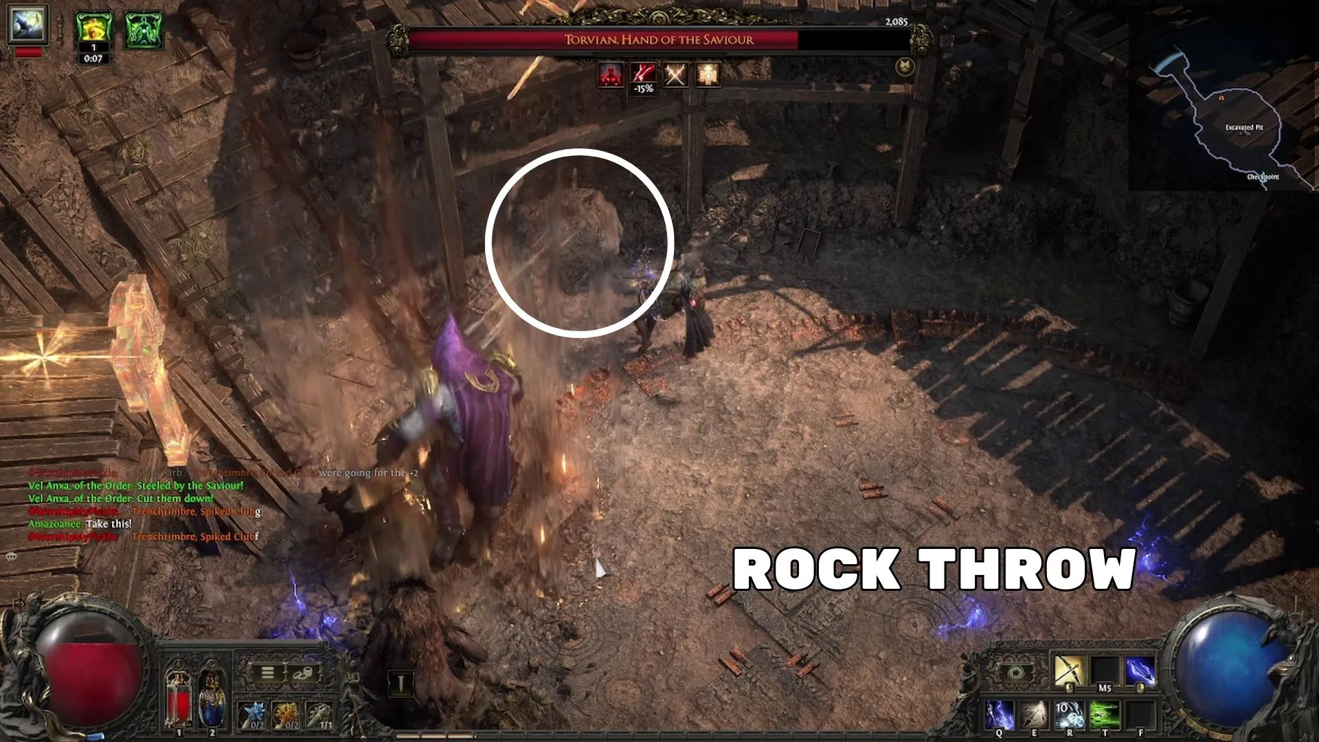 Kỹ năng ném đá của Torvian trong Path of Exile 2 đang bay thẳng vào giàn giáo nơi pháp sư đang đứng