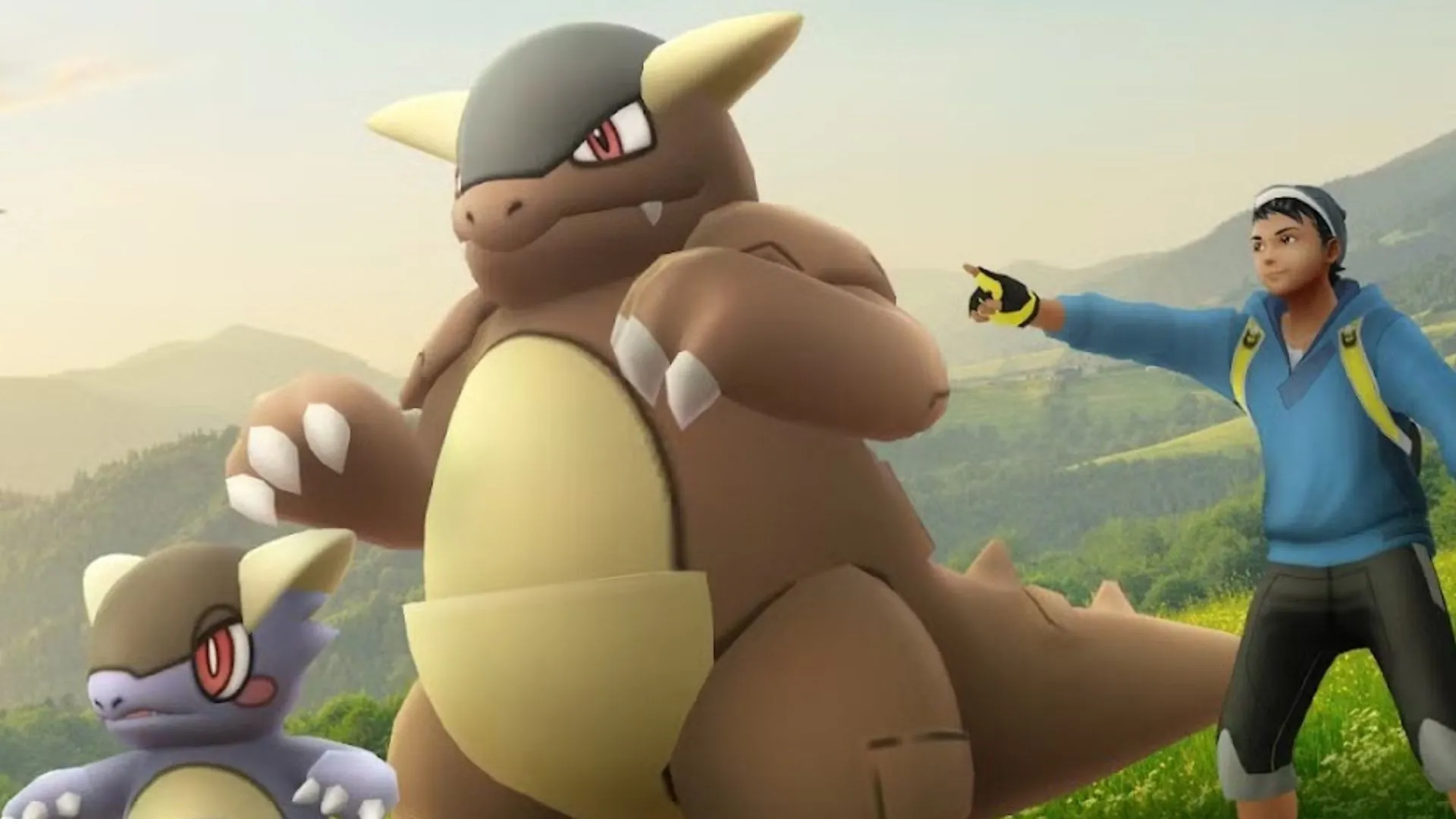 Mega Kangaskhan tung chiêu cùng Kangaskhan con trong Pokémon GO, thể hiện sức mạnh tiến hóa vượt trội.