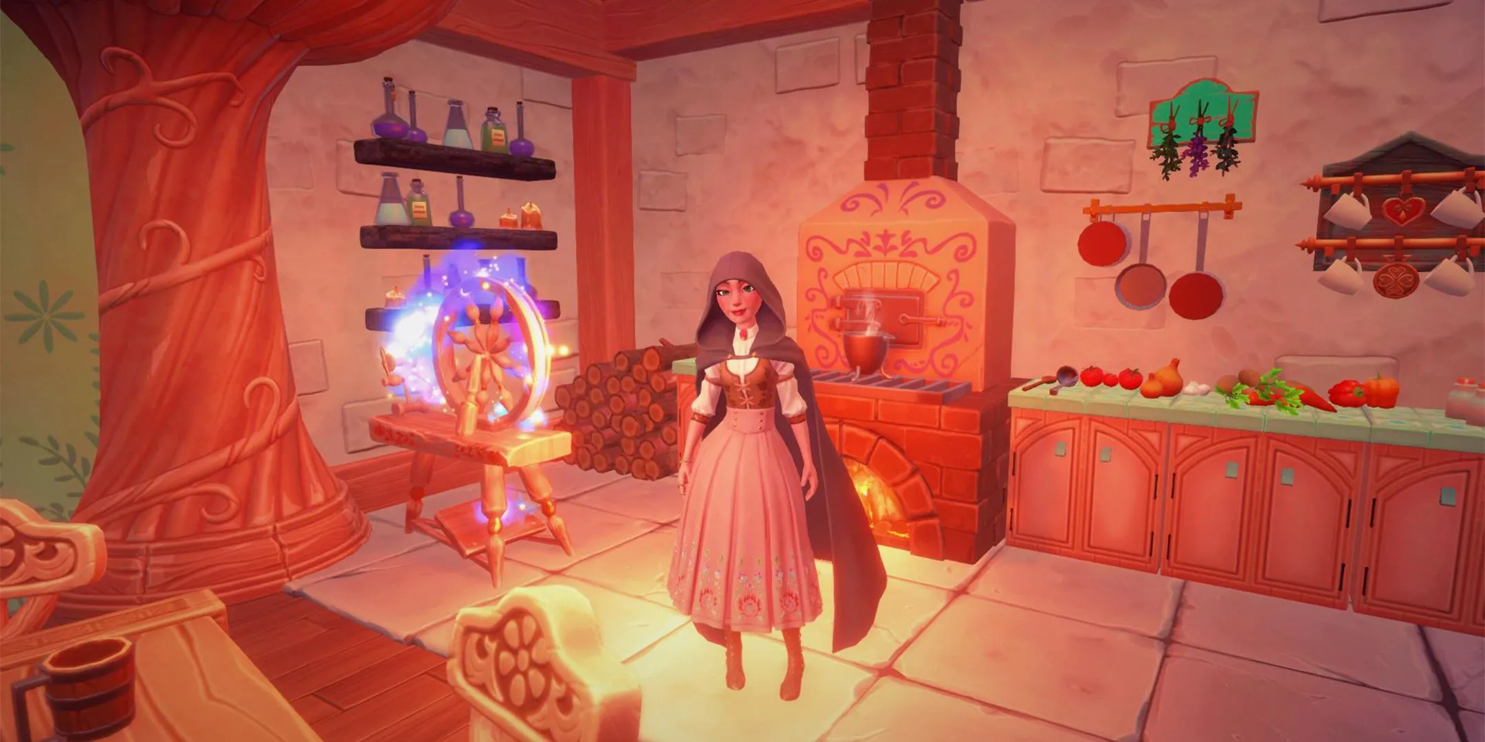 Người chơi Disney Dreamlight Valley tưới cây tại Wishblossom Ranch với một chú ngựa phía sau