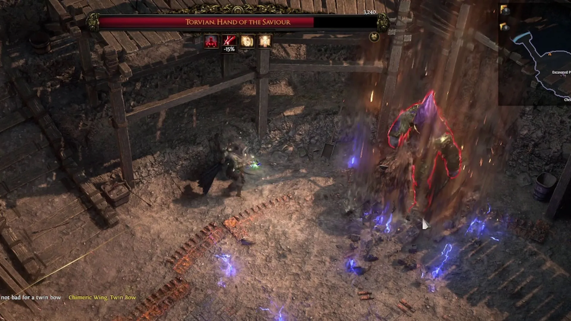 Người chơi Path of Exile 2 đứng gần mép đấu trường, dụ Torvian ném đá vào pháp sư đang buff