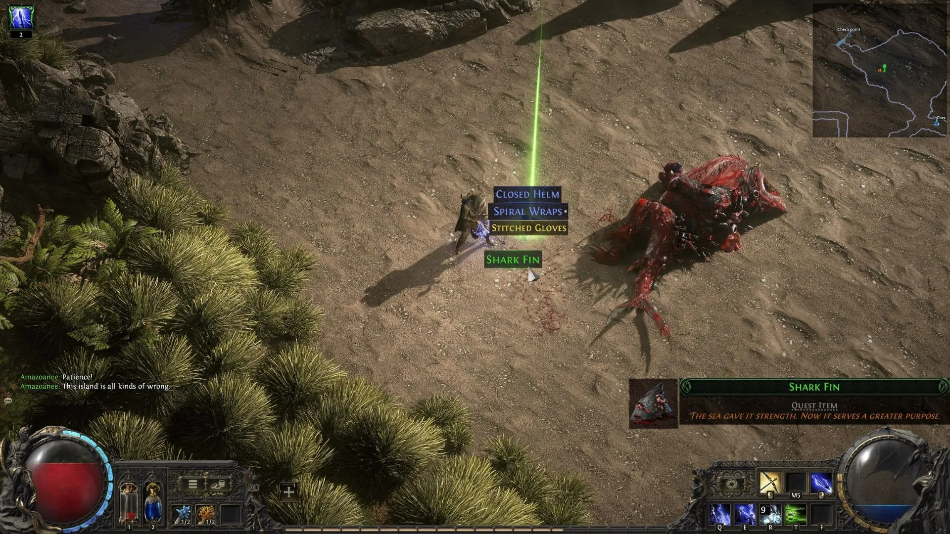 Nhặt Vây Cá Mập (Shark Fin) sau khi đánh bại trùm cá mập Great White One ở Đảo Whakapanu trong Path of Exile 2