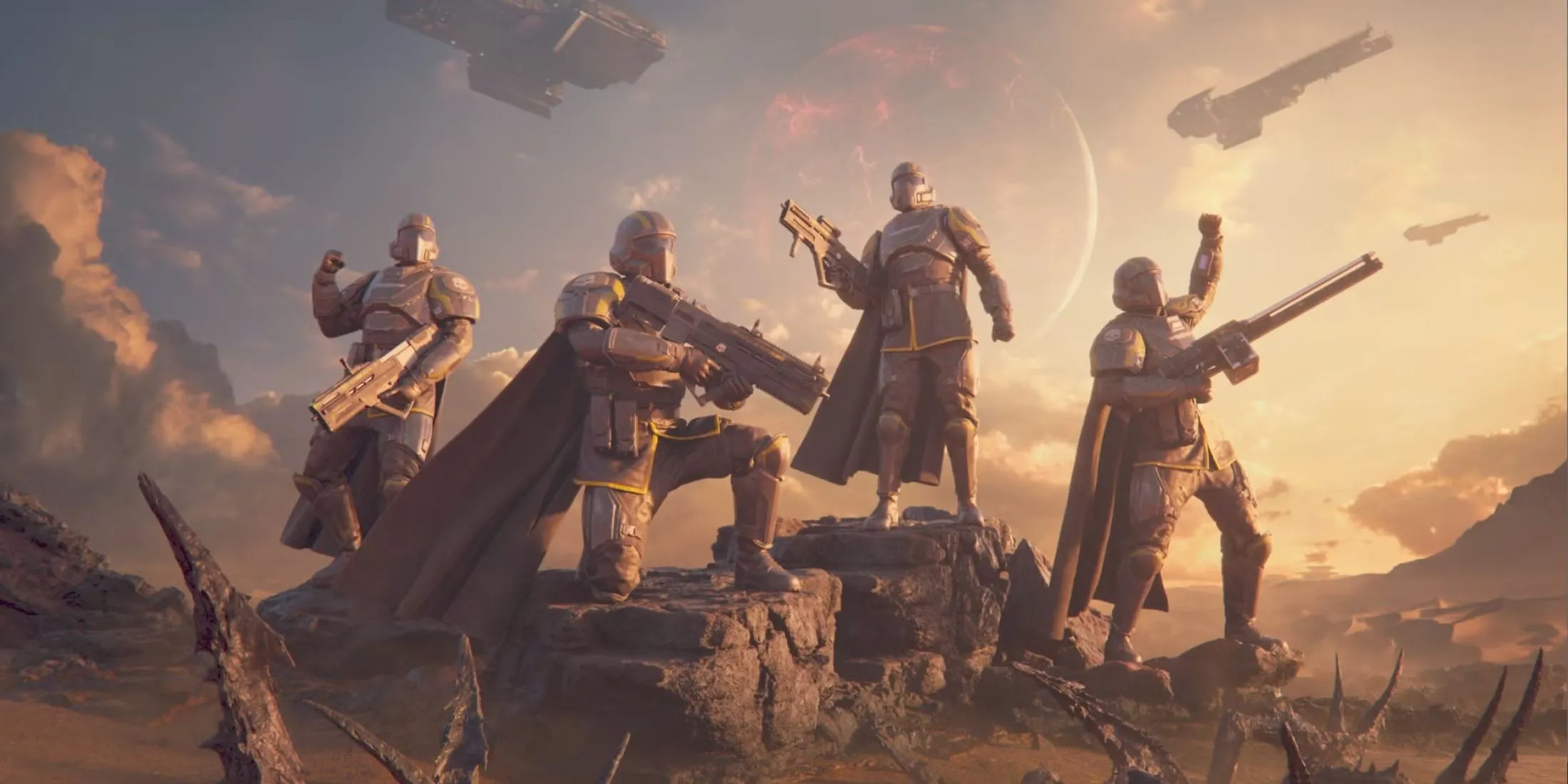 Nhóm Helldivers 2 ăn mừng chiến thắng, biểu tượng cho lượng người chơi tăng đột biến sau khi ra mắt Xbox