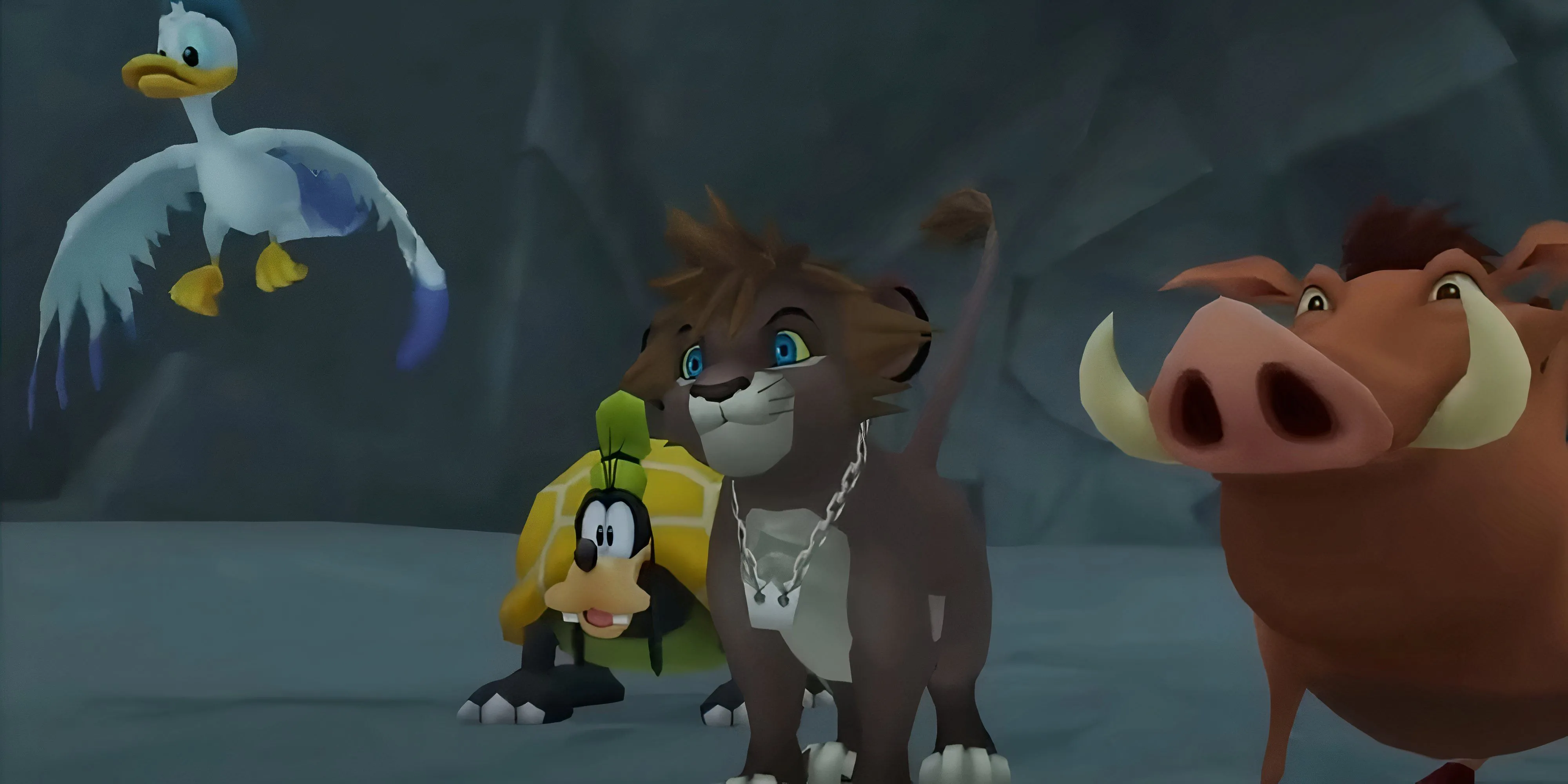 Sora, Donald và Goofy hợp sức cùng Pumbaa trong thế giới Pride Lands của Kingdom Hearts 2.