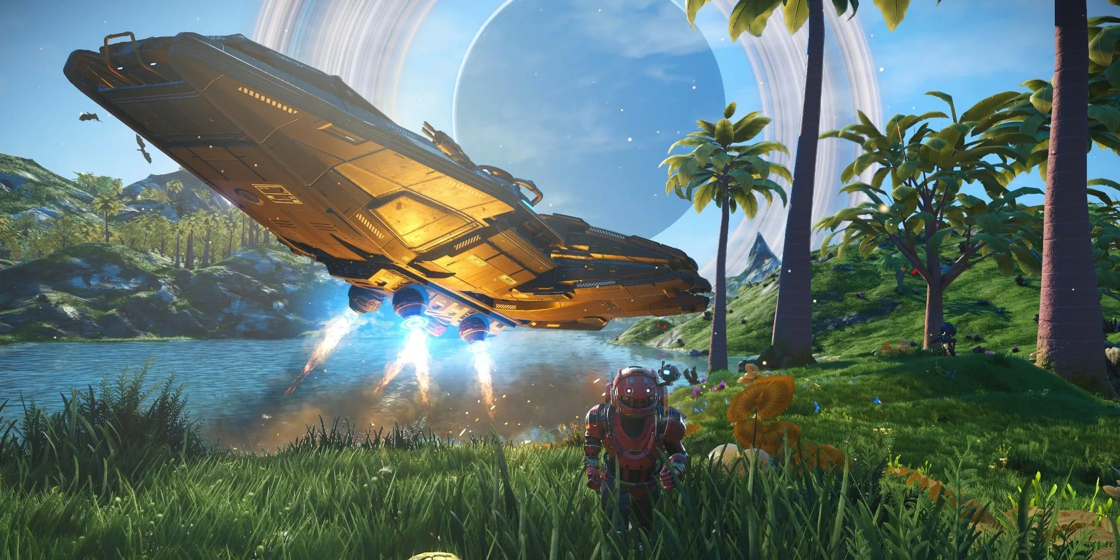 Tàu vũ trụ của người chơi No Man's Sky trên hành tinh xanh tươi